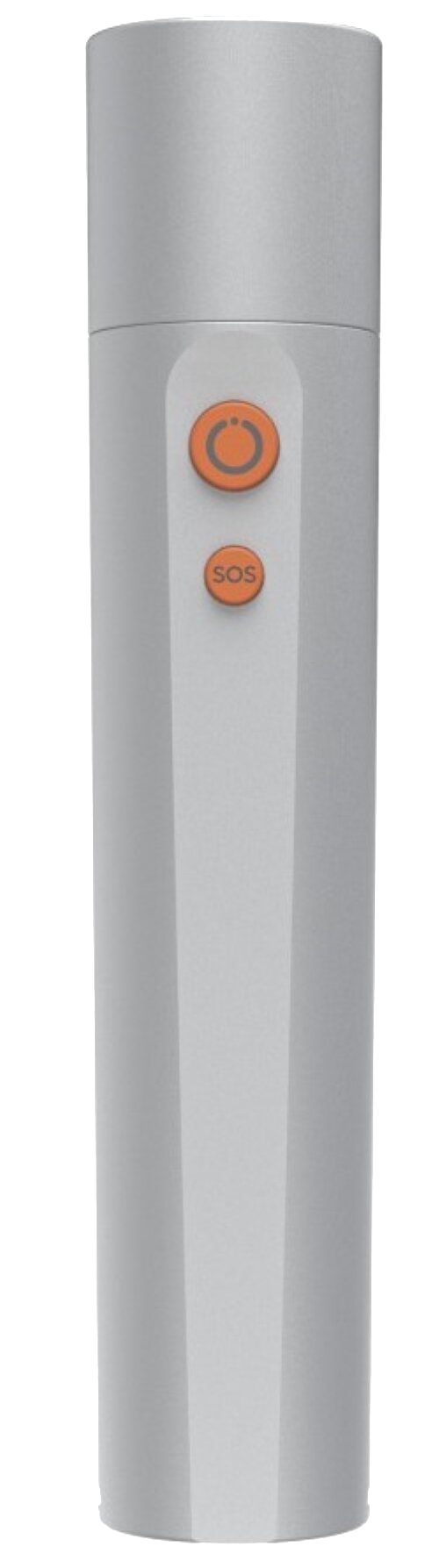 Srebrny cylinder z dwoma pomarańczowymi przyciskami i symbolem SOS.