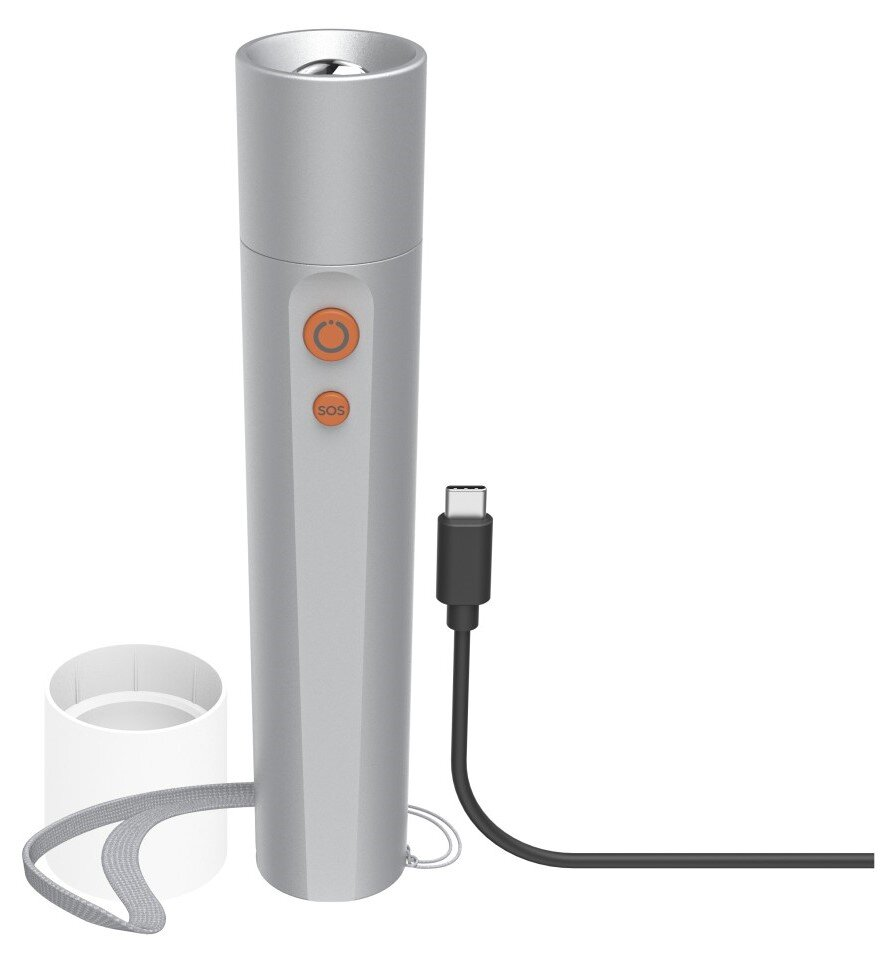 Srebrna latarka z przyciskiem SOS, kablem USB-C i smyczą.