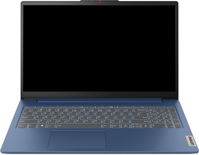 Kék laptop billentyűzettel és sötét képernyővel.