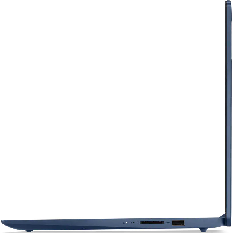 Kék laptop oldalnézetben, csatlakozókkal: tápellátás, SD-kártyaolvasó, USB.