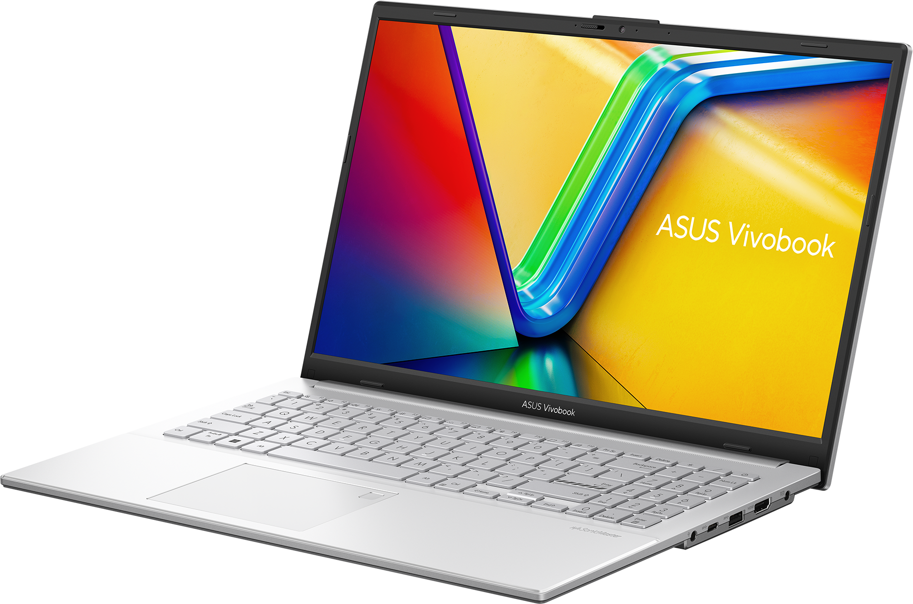 Egy nyitott, ezüst ASUS Vivobook laptop színes háttérképpel.