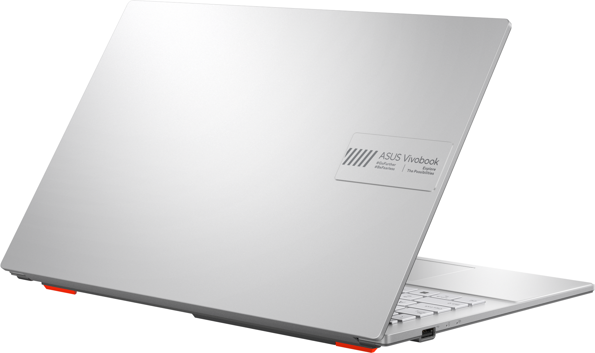 Egy ezüst Asus Vivobook laptop nyitva. Piros kiemelés a lábakon.