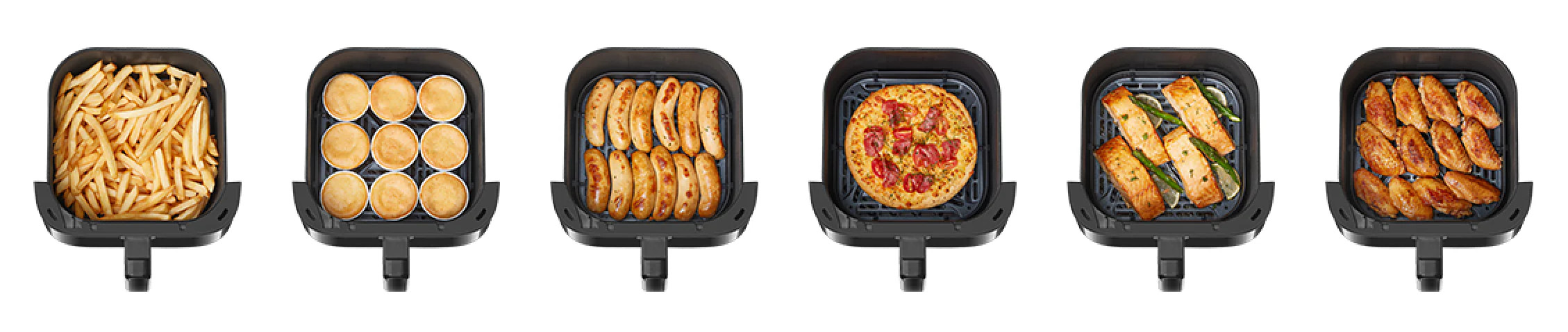 Frytki, muffiny, kiełbaski, pizza, łosoś i skrzydełka kurczaka w czarnej frytkownicy.