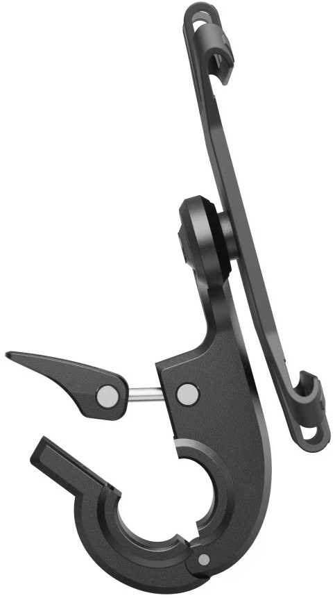 Czarny uchwyt rowerowy z mechanizmem zaciskowym i obrotowym ramieniem.