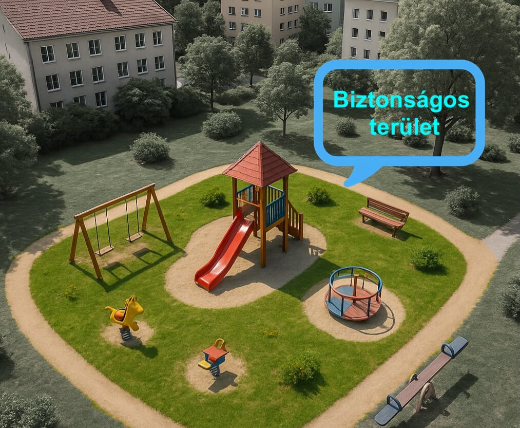 Játszótér csúszdával, hintával, körhintával és mérleggel, fákkal körülvéve.