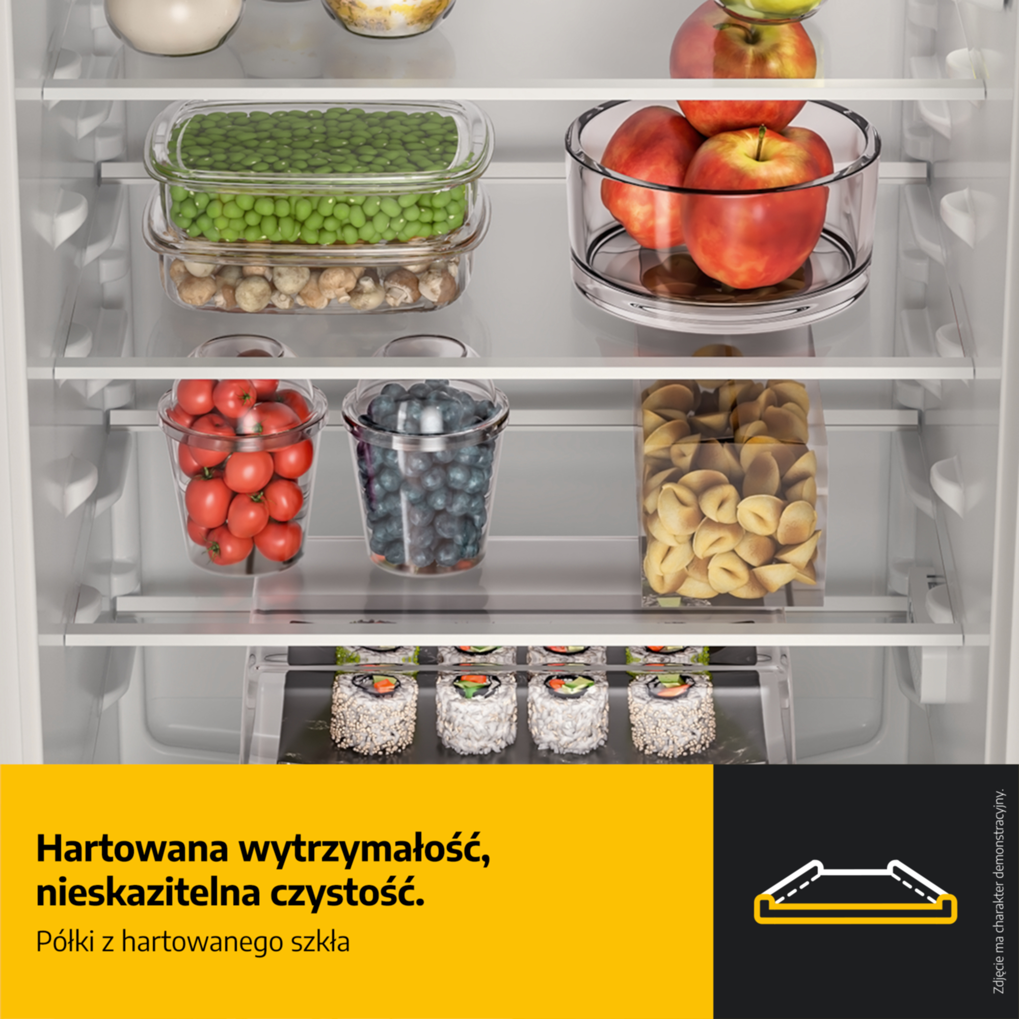 Półki lodówki z groszkiem, grzybami, jabłkami, pomidorami, jagodami i pierogami.