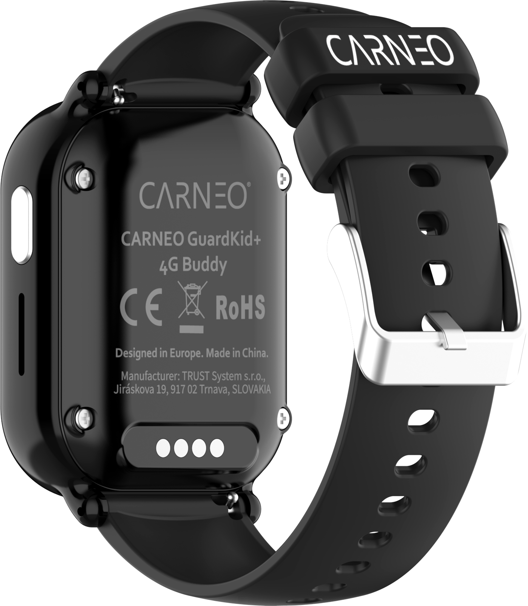 Fekete CARNEO GuardKid+ 4G Buddy okosóra ezüst csattal és fekete szíjjal.