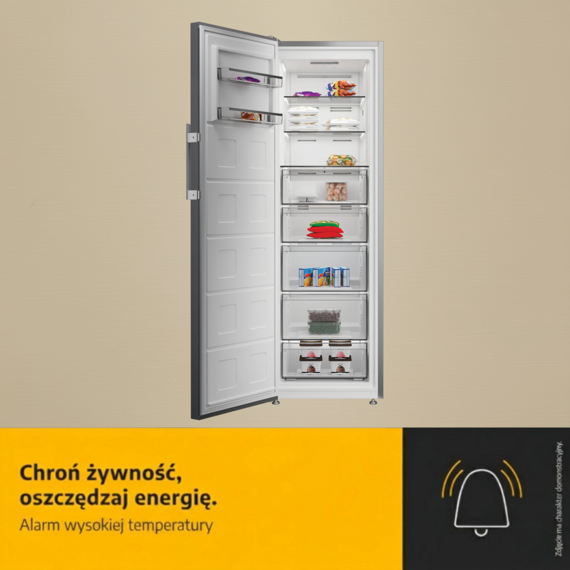 Otwarta lodówka wypełniona jedzeniem, z tekstem poniżej.