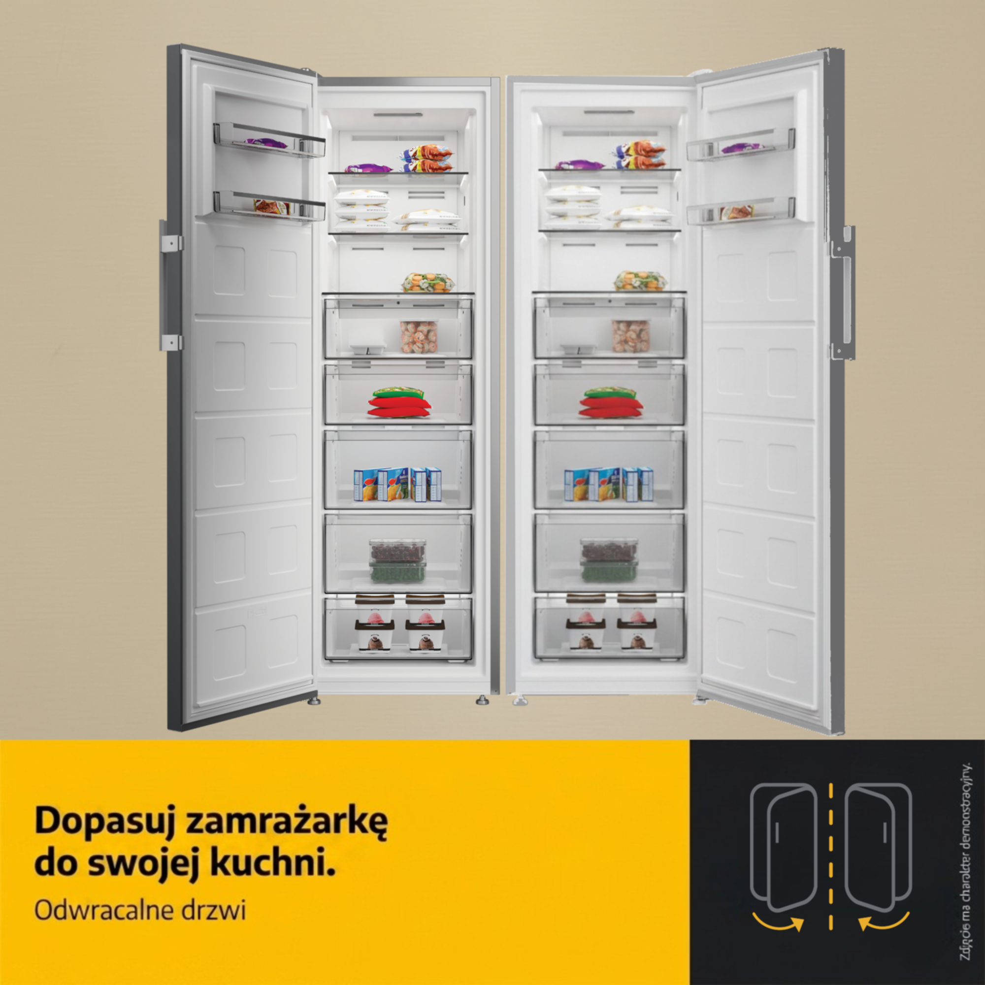 Wysoka zamrażarka z otwartymi drzwiami, wypełniona produktami.