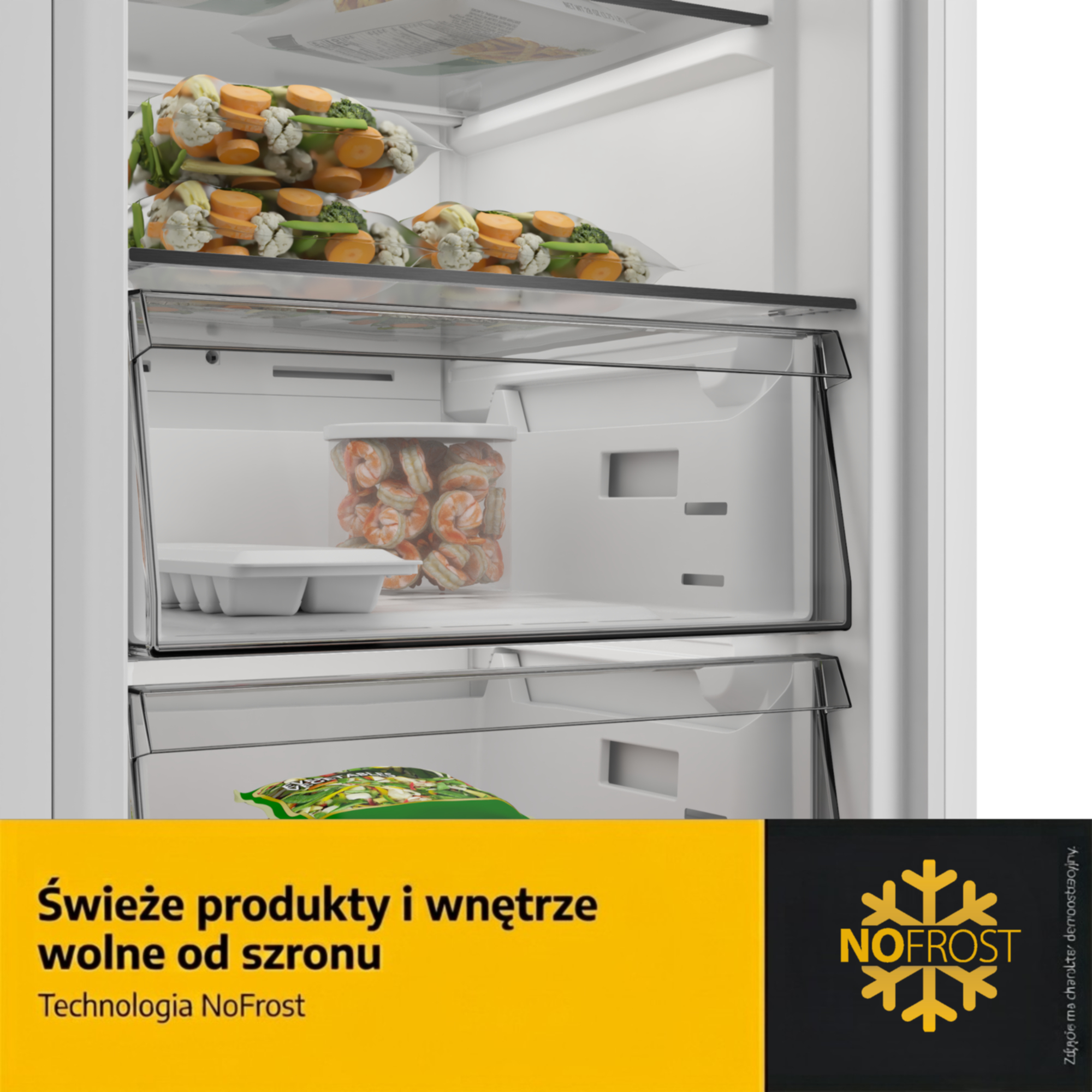 Szuflada zamrażarki z mrożonymi warzywami i krewetkami. Logo NoFrost.