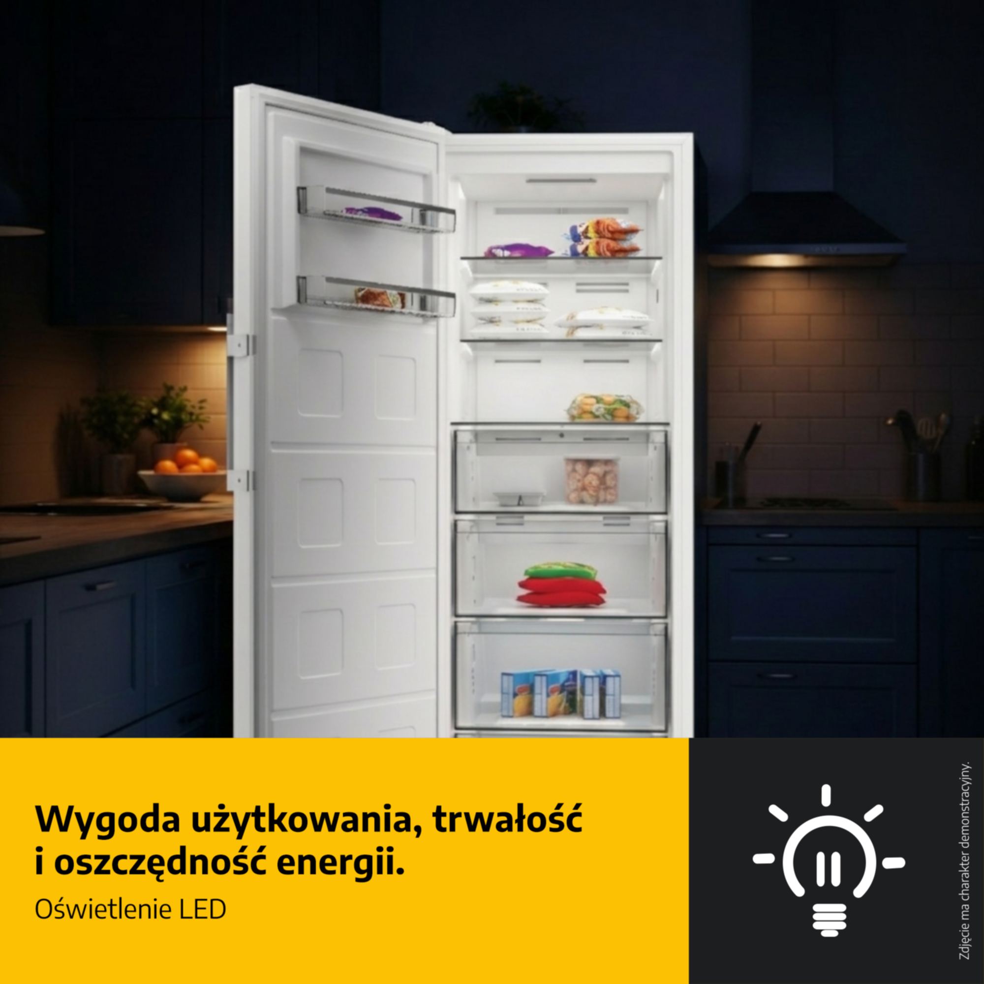 Otwarta lodówka z jedzeniem, szafki kuchenne i okap w tle.