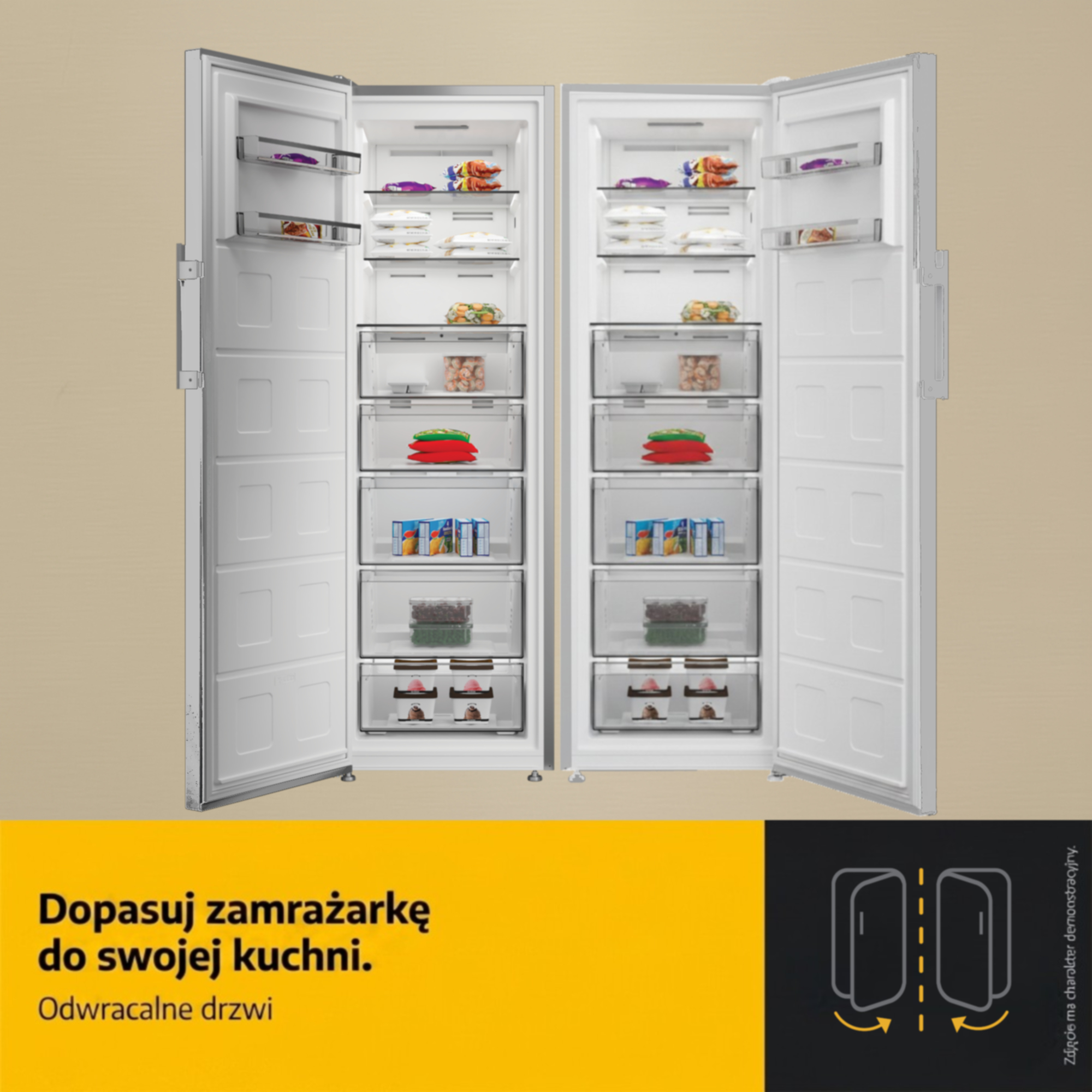 Dwa otwarte zamrażarki wypełnione jedzeniem, szufladami i półkami.