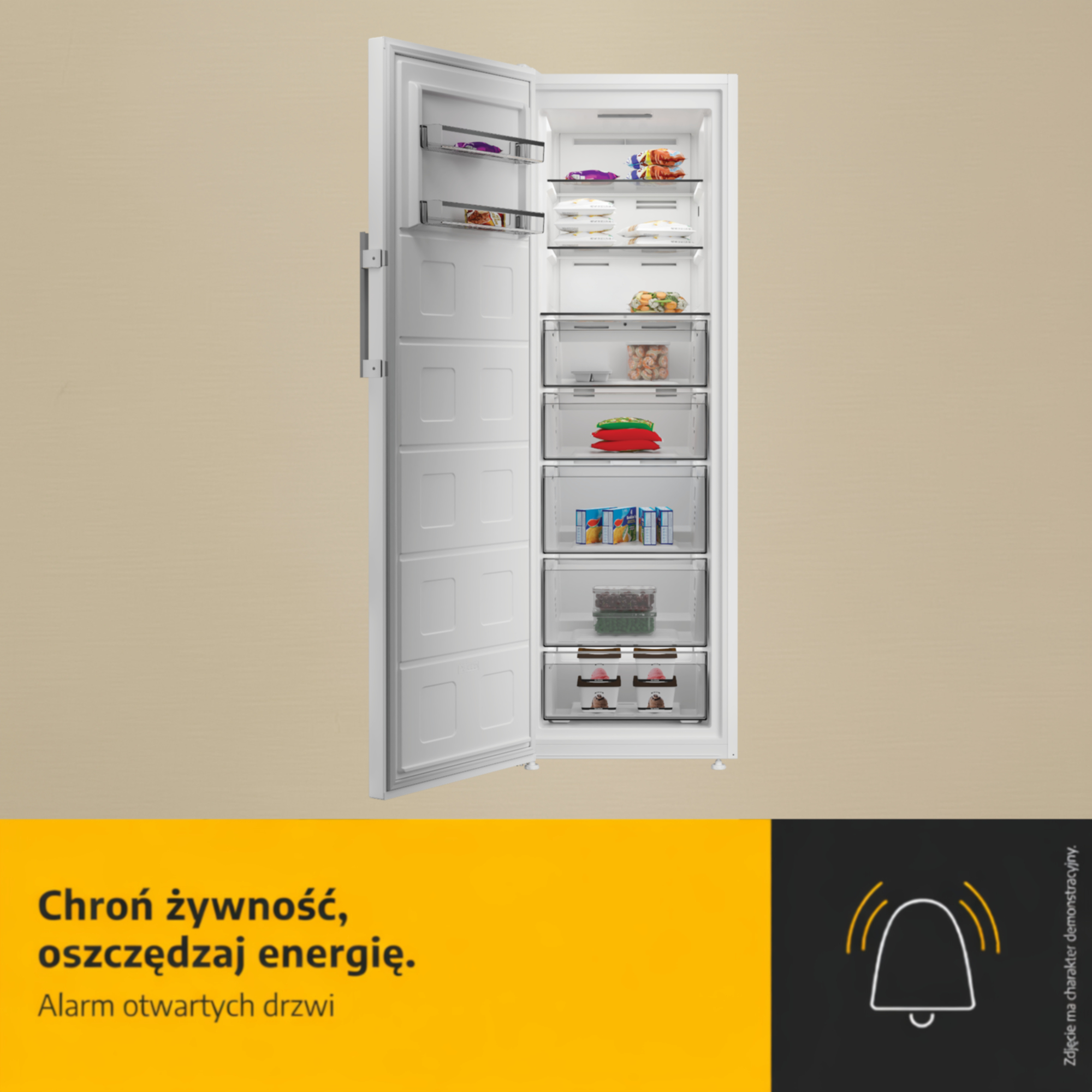 Otwarta biała zamrażarka wypełniona żywnością i szufladami.