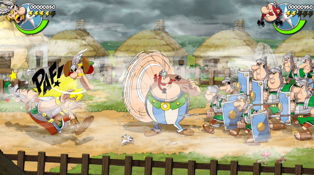 Obelix schlägt einen römischen Soldaten, während andere Soldaten und Häuser im Hintergrund zu sehen sind.