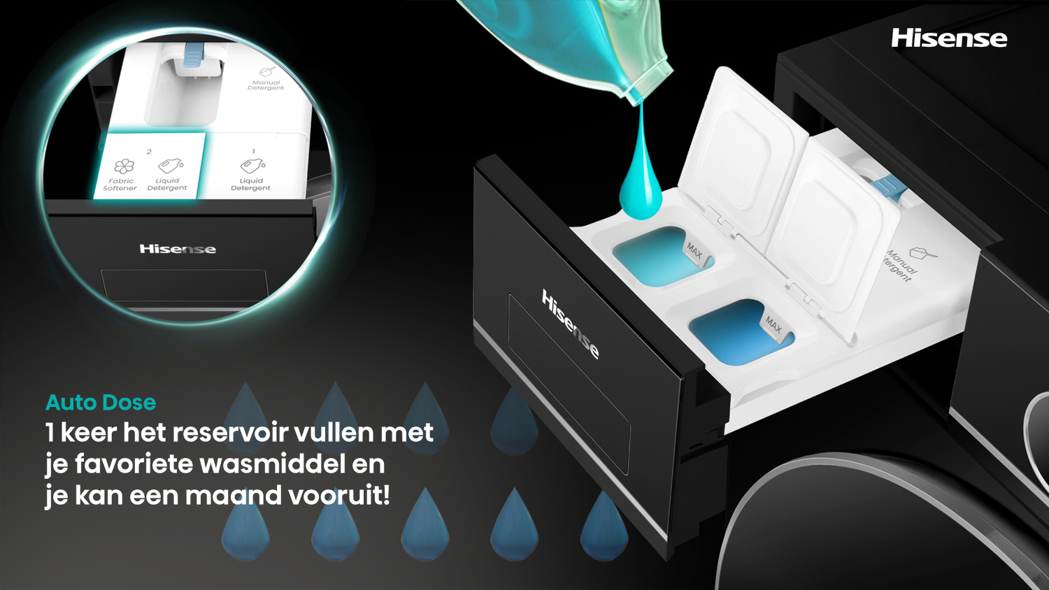 A detergent and softener dispenser is being filled. The Hisense washing machine.