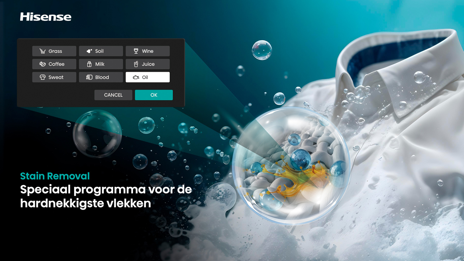 Hisense screen shows stain removal options: Grass, Soil, Wine, Coffee, Milk, Juice, Sweat, Blood, Oil.