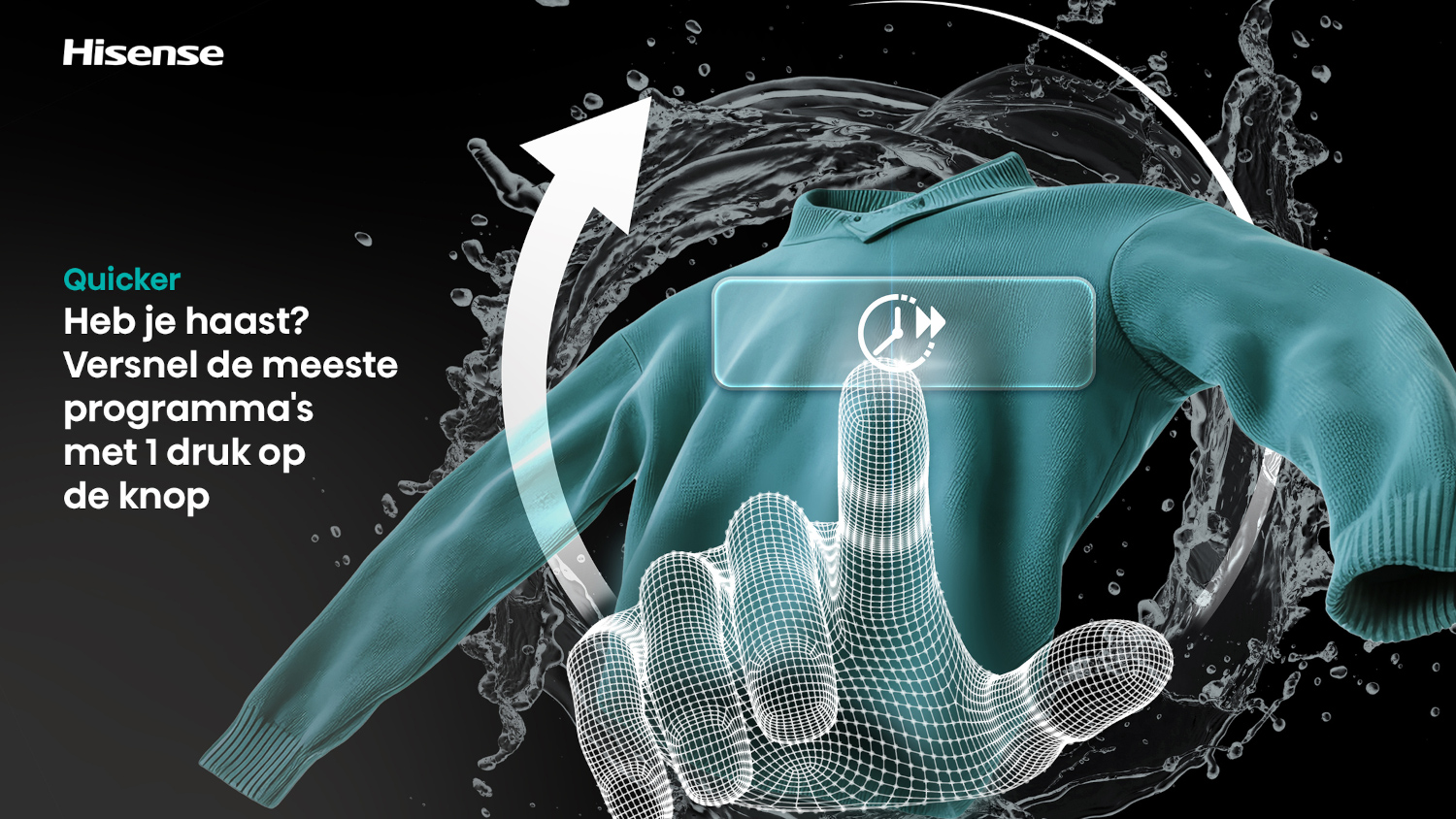 A sweater is touched by a digital hand, with an arrow and water splashes.