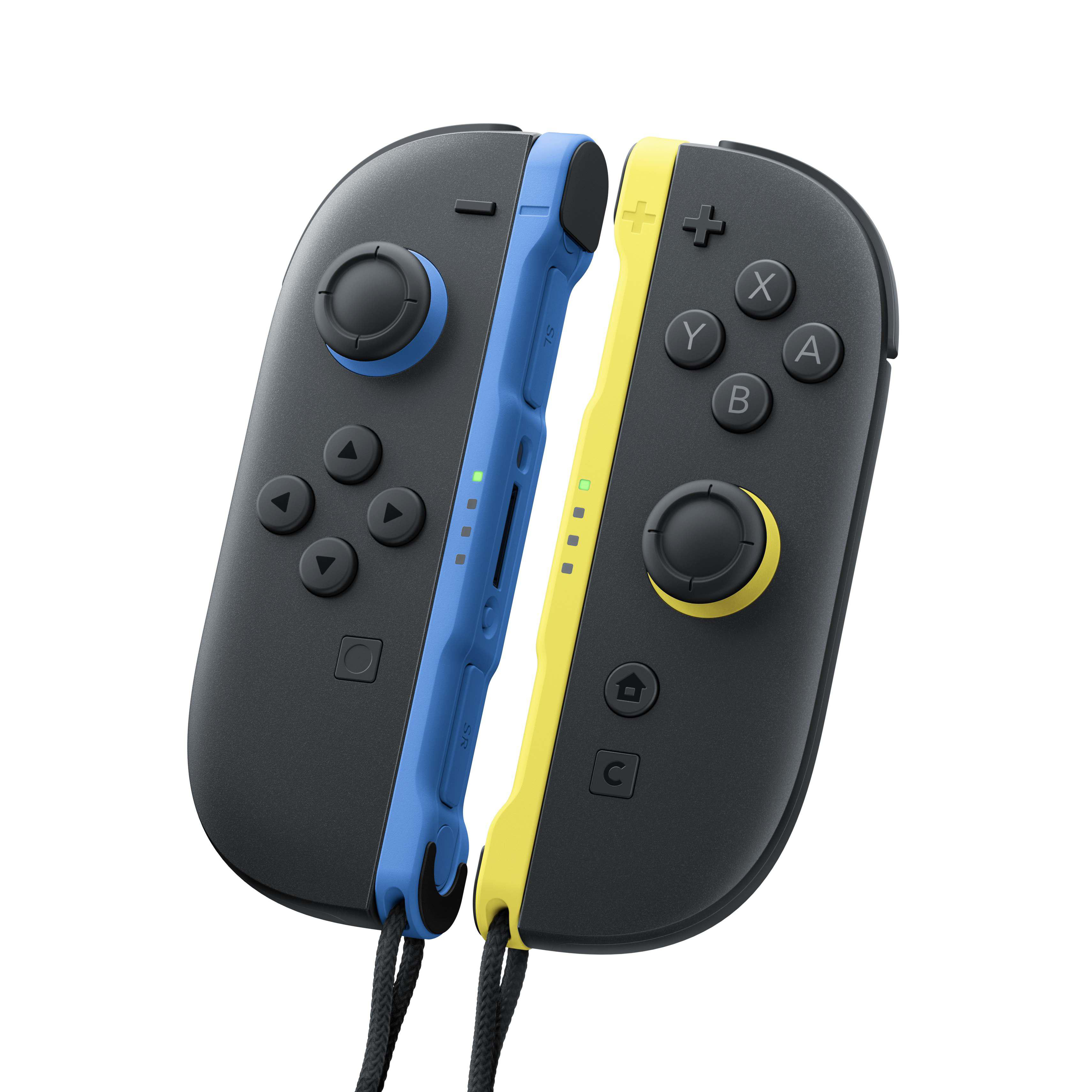 Zwei Nintendo Switch Joy-Con-Controller, einer blau, einer gelb, mit schwarzen Bedienelementen.