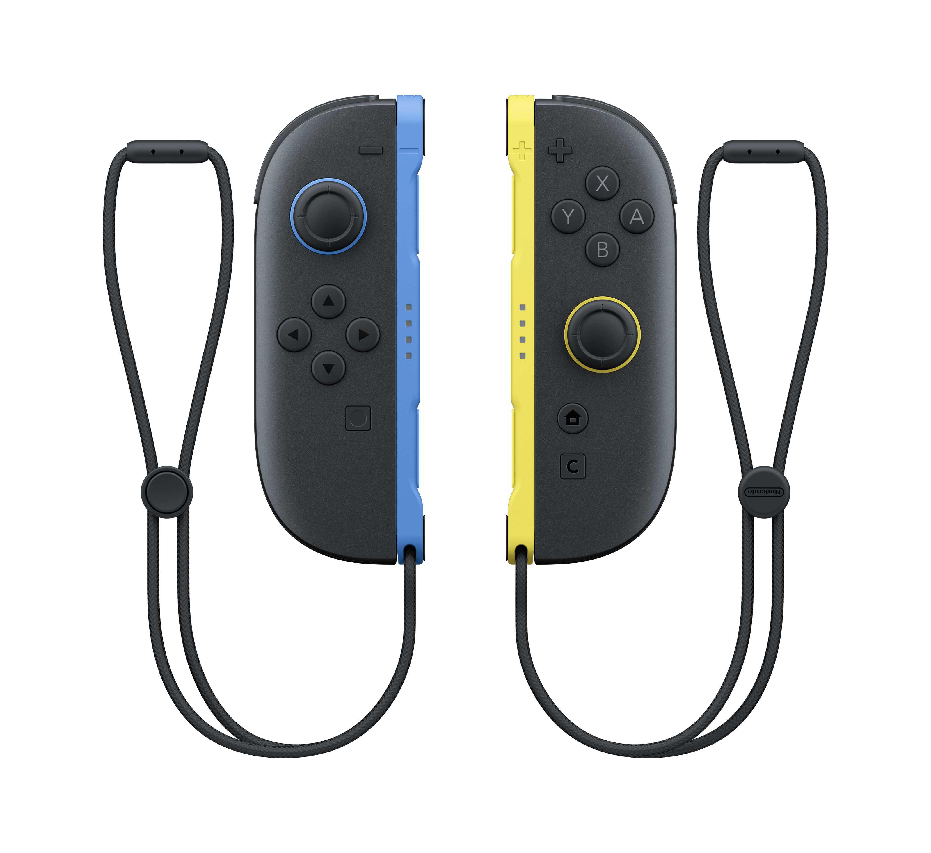 Zwei Nintendo Switch Joy-Con Controller, einer blau, einer gelb, mit schwarzen Trageschlaufen.