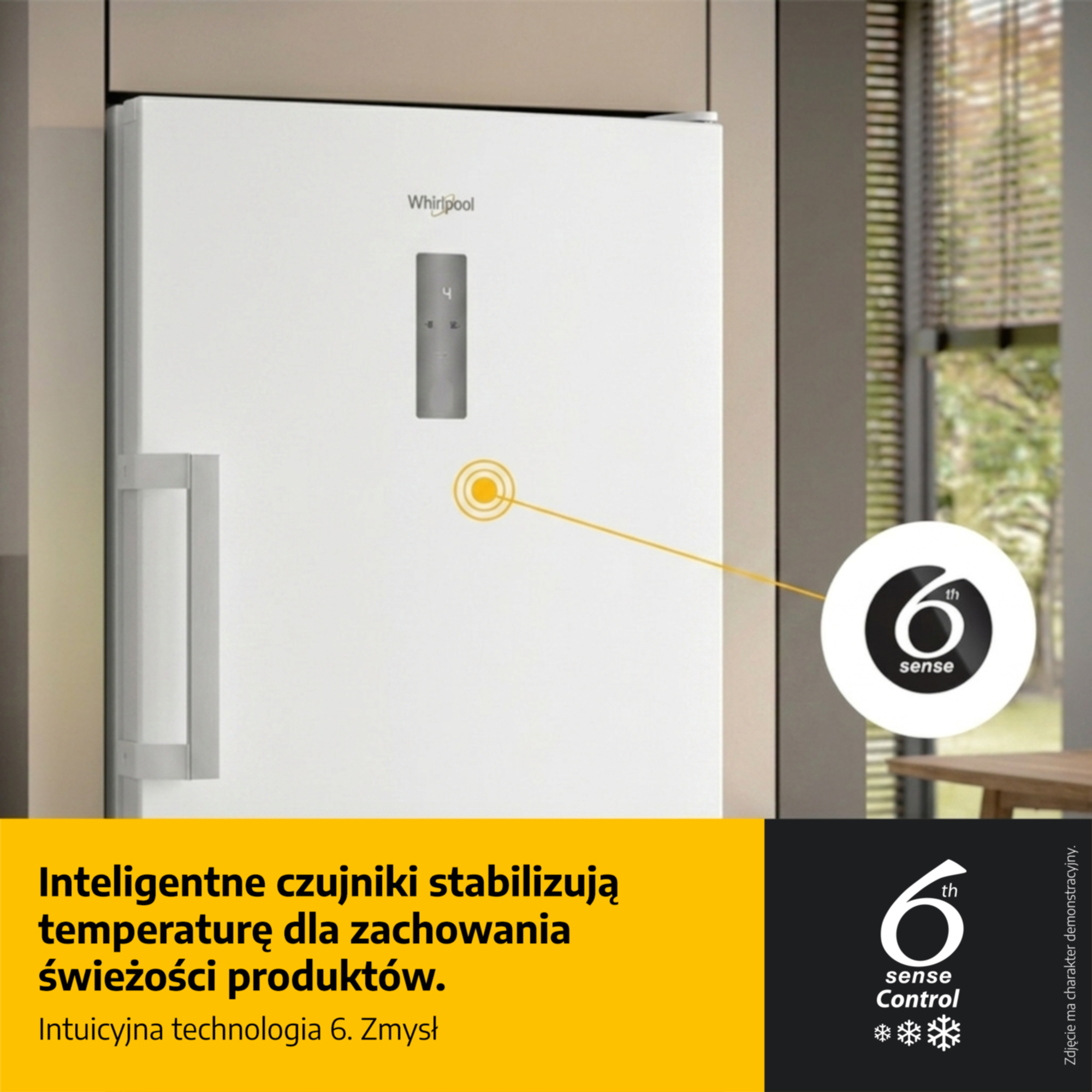 Biała lodówka Whirlpool z cyfrowym wyświetlaczem i logo 6. Zmysł.