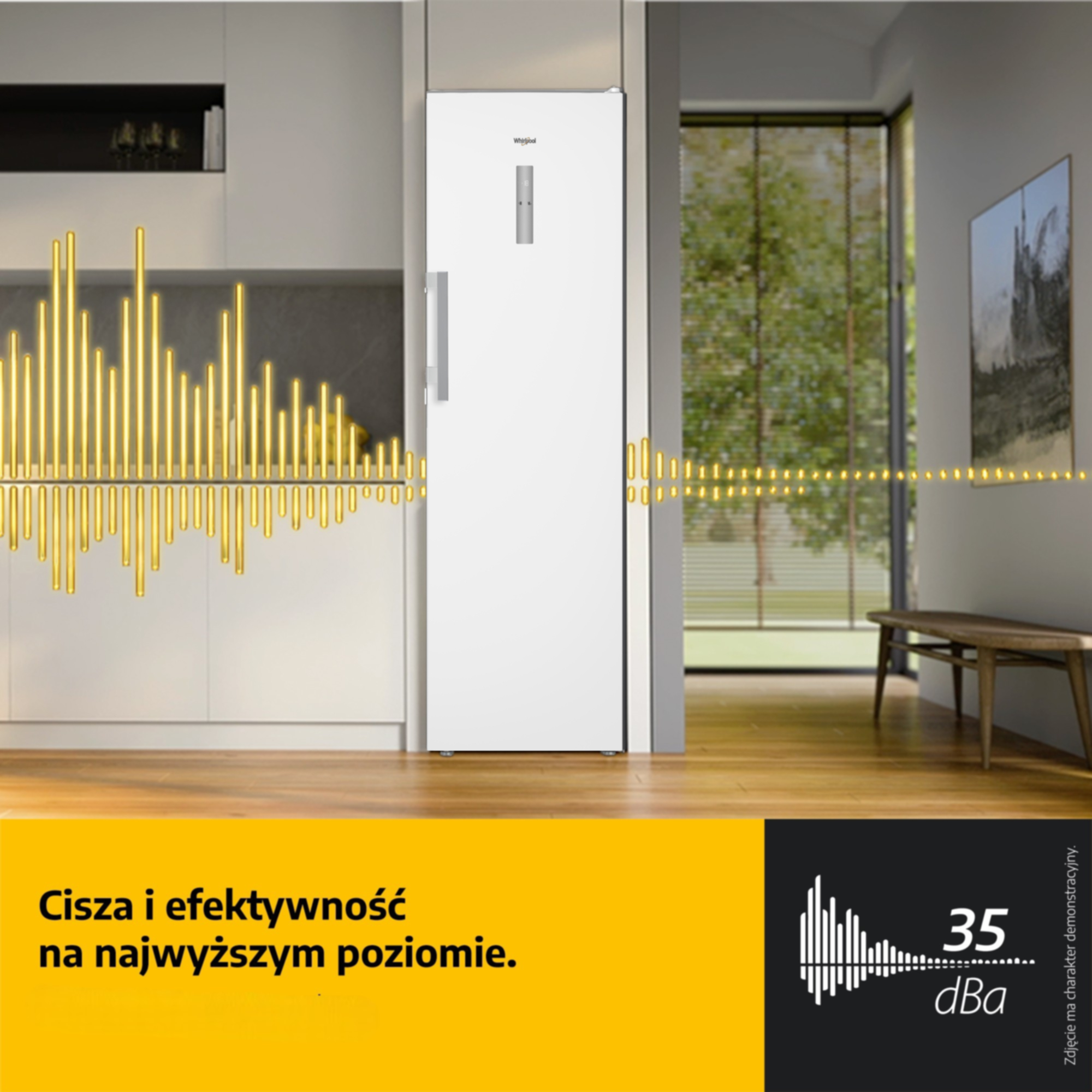 Biała lodówka w nowoczesnej kuchni z żółtymi falami dźwiękowymi.