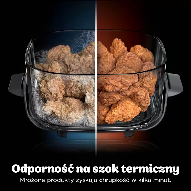 Przed/po: Mrożone panierowane jedzenie w szklanym naczyniu. Po lewej surowe, po prawej chrupiące smażone.