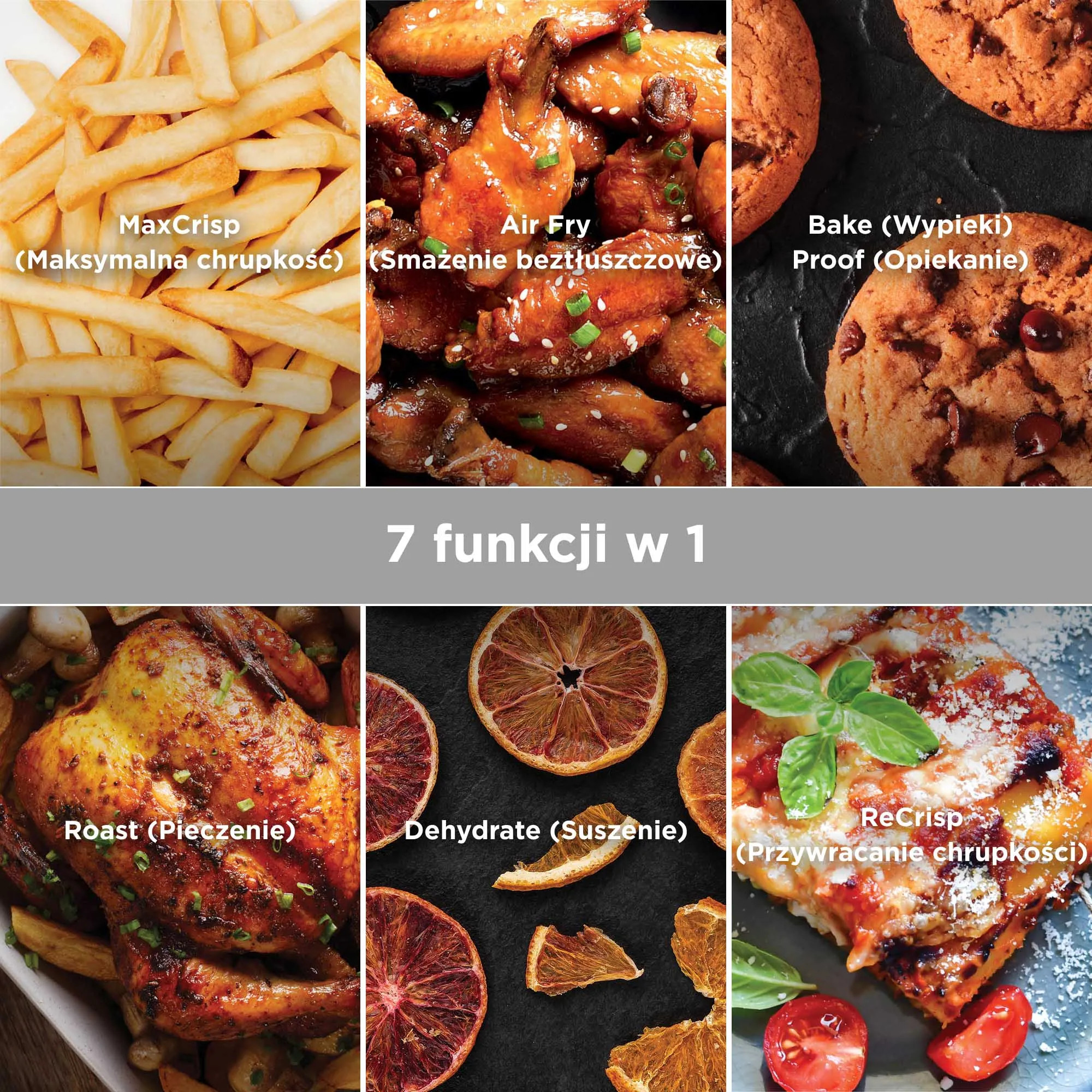 Kolaż 6 potraw: frytki, skrzydełka kurczaka, ciastka, pieczony kurczak, suszone pomarańcze, lasagne.
