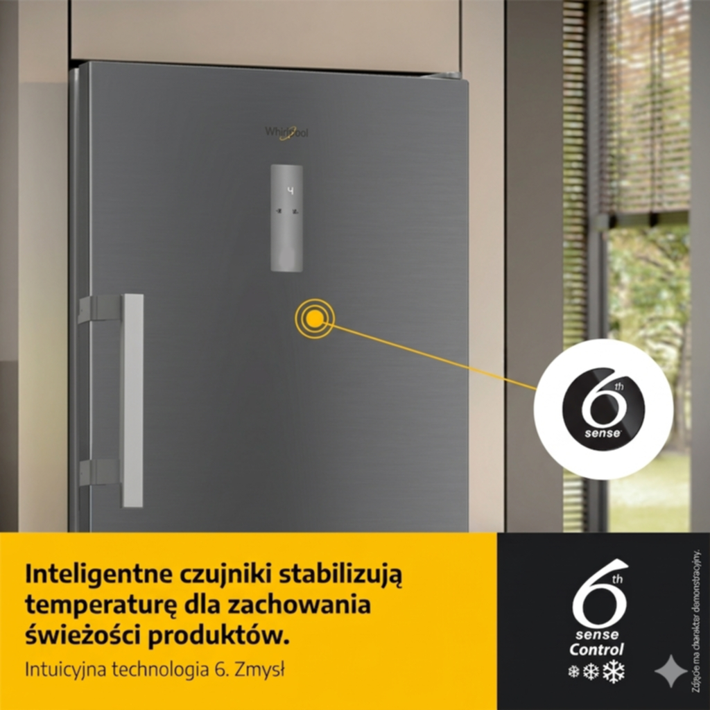 Szara lodówka Whirlpool z cyfrowym wyświetlaczem i logo technologii 6th Sense.