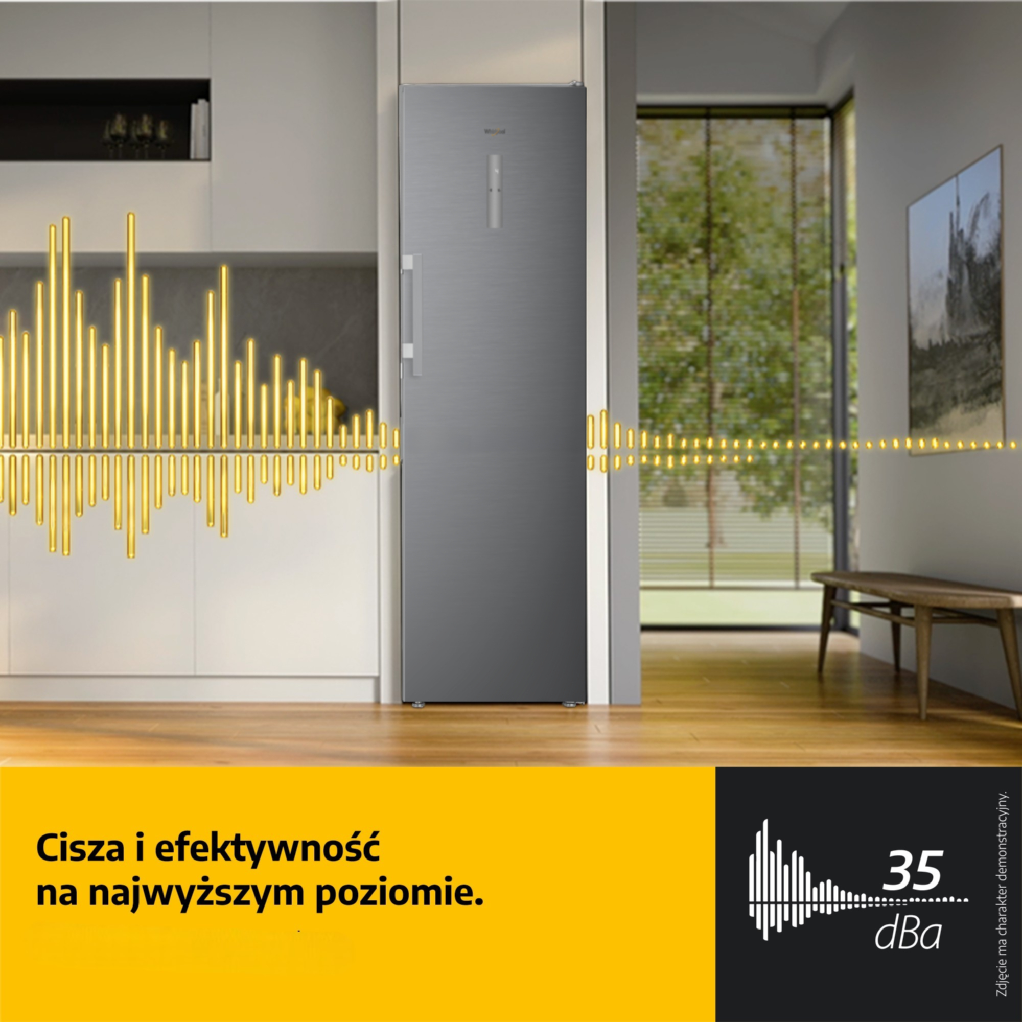 Nowoczesna lodówka w kuchni z grafiką fal dźwiękowych i wskazaniem 35 dBa.