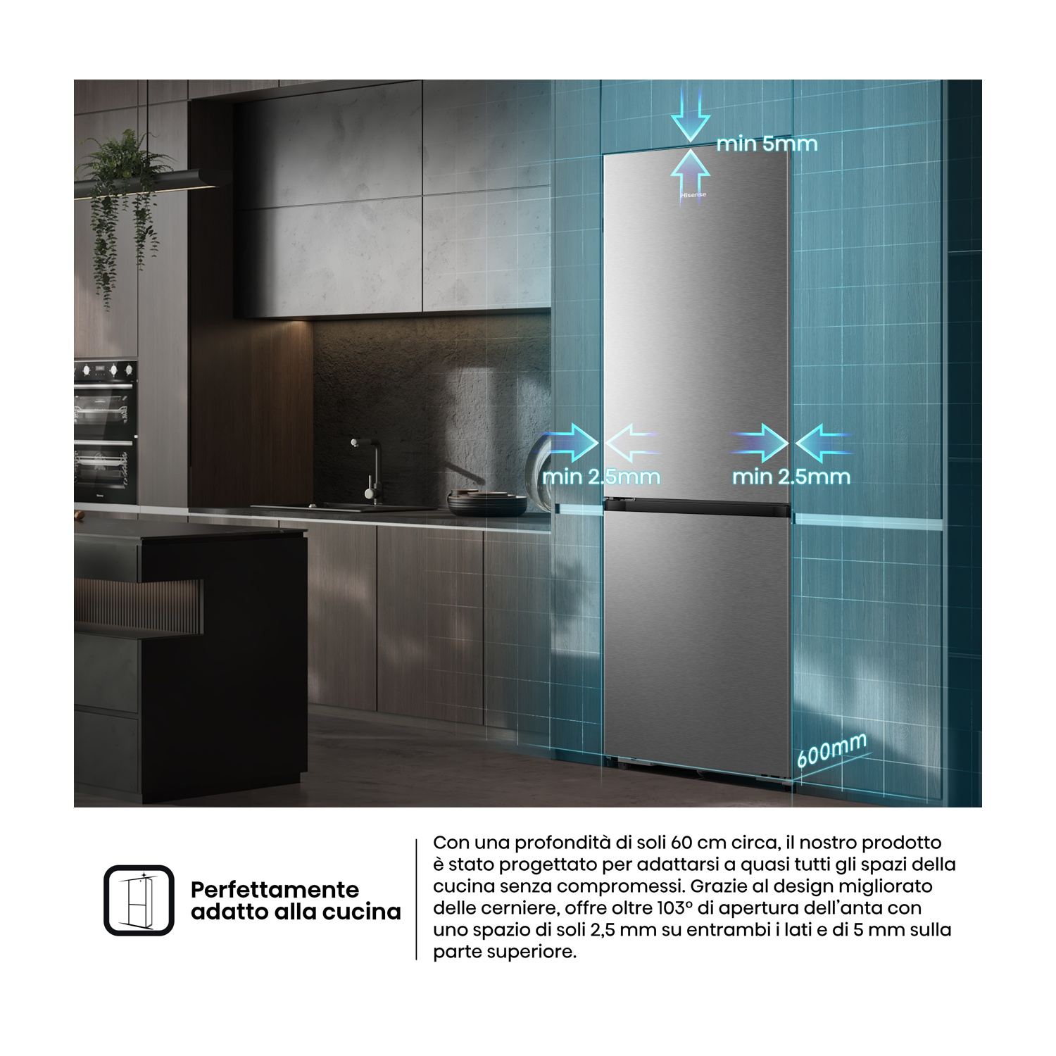 Installazione cucina moderna con frigorifero, profondo 600 mm, con minimo ingombro.