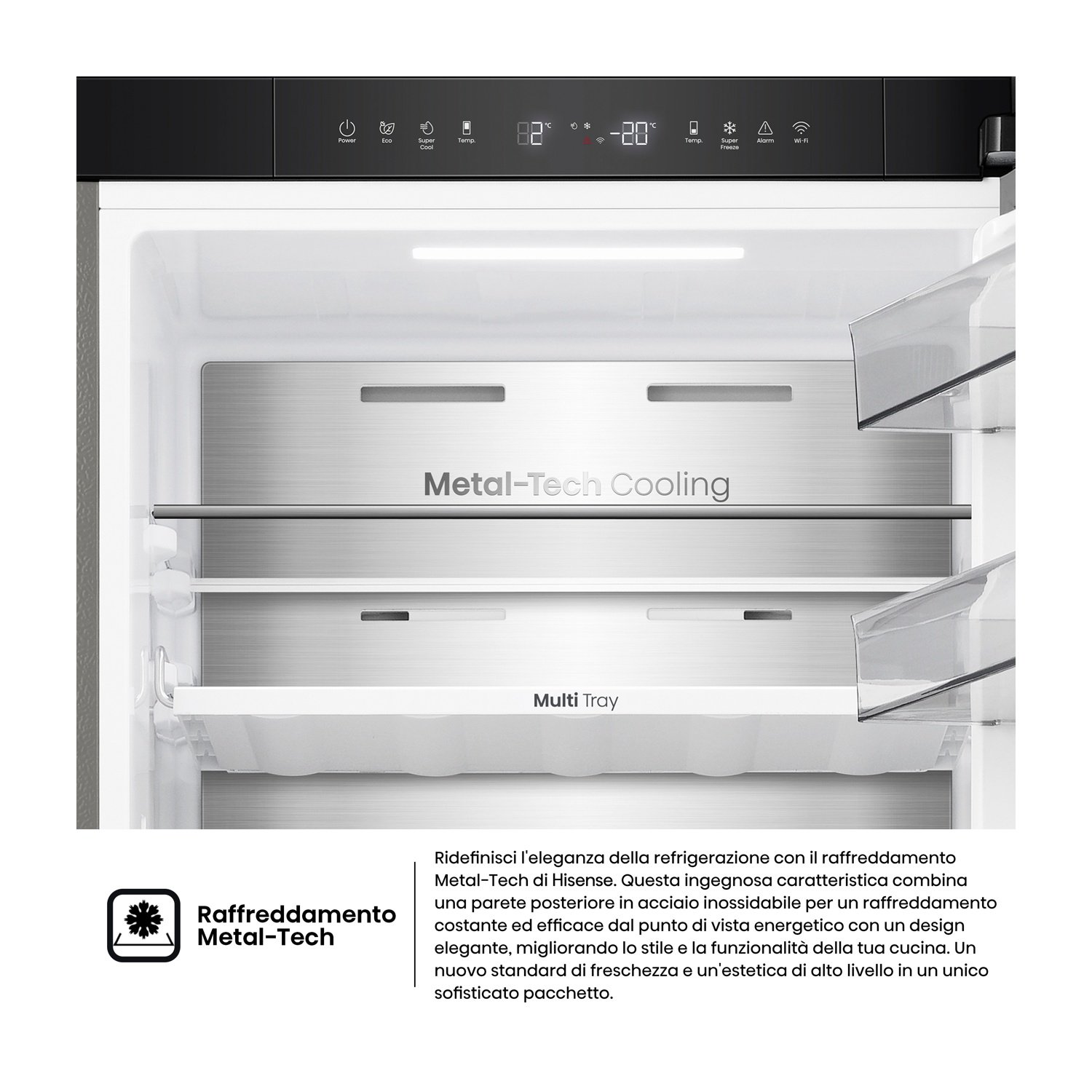 Interno frigorifero con elementi in acciaio inox e display digitale.