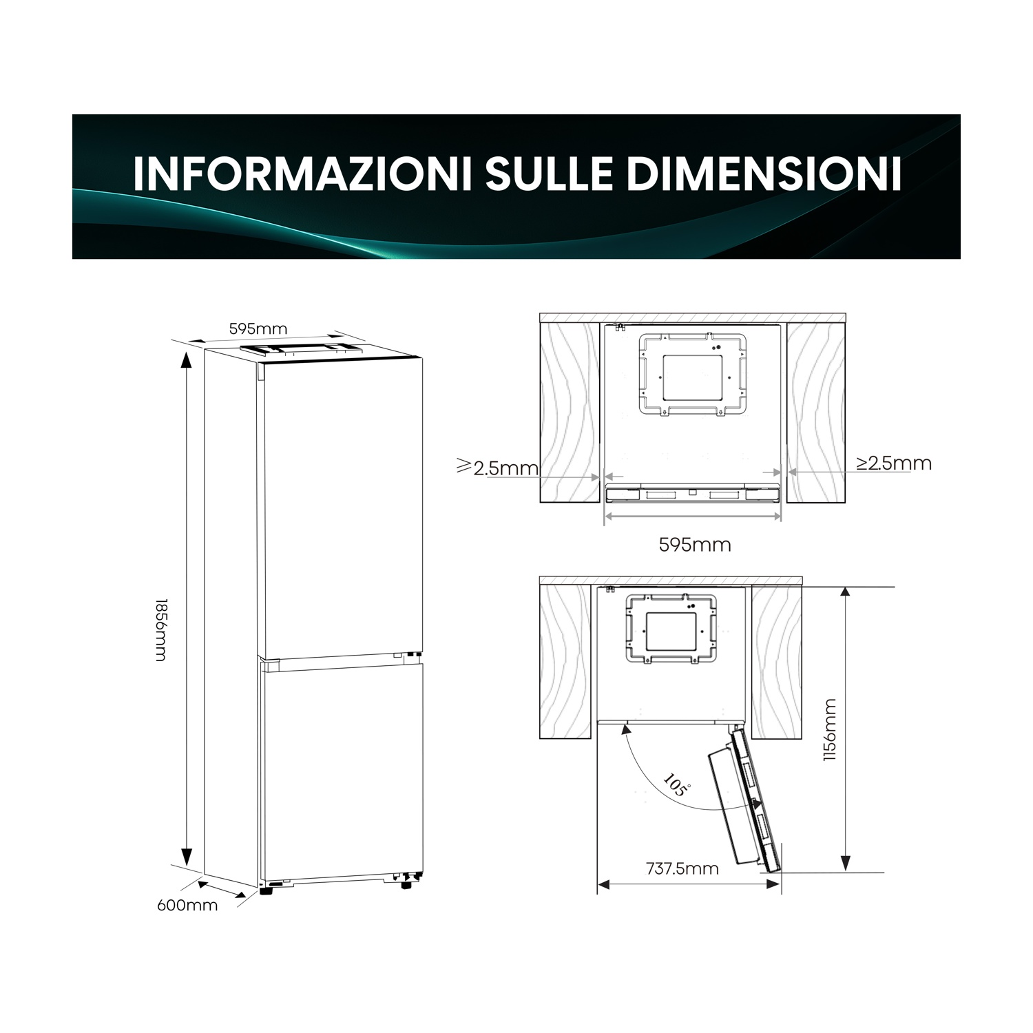Disegno tecnico di un frigorifero con dimensioni: 1856x595x600mm.