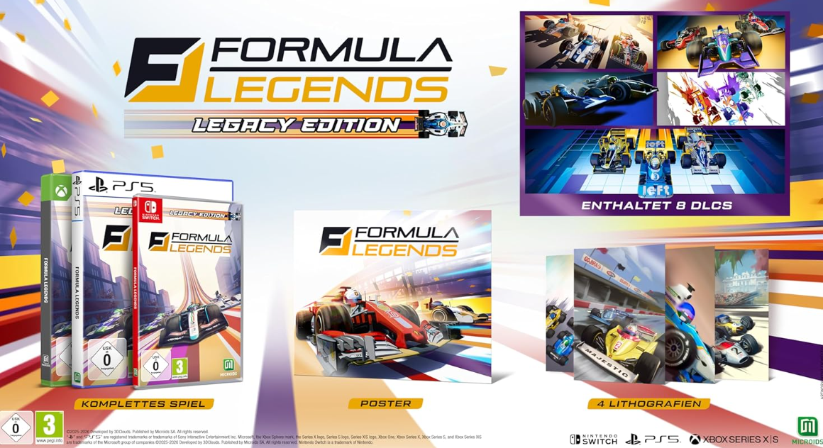 Werbeplakat für das Spiel Formula Legends Legacy Edition mit Konsolen und Spielinhalten.