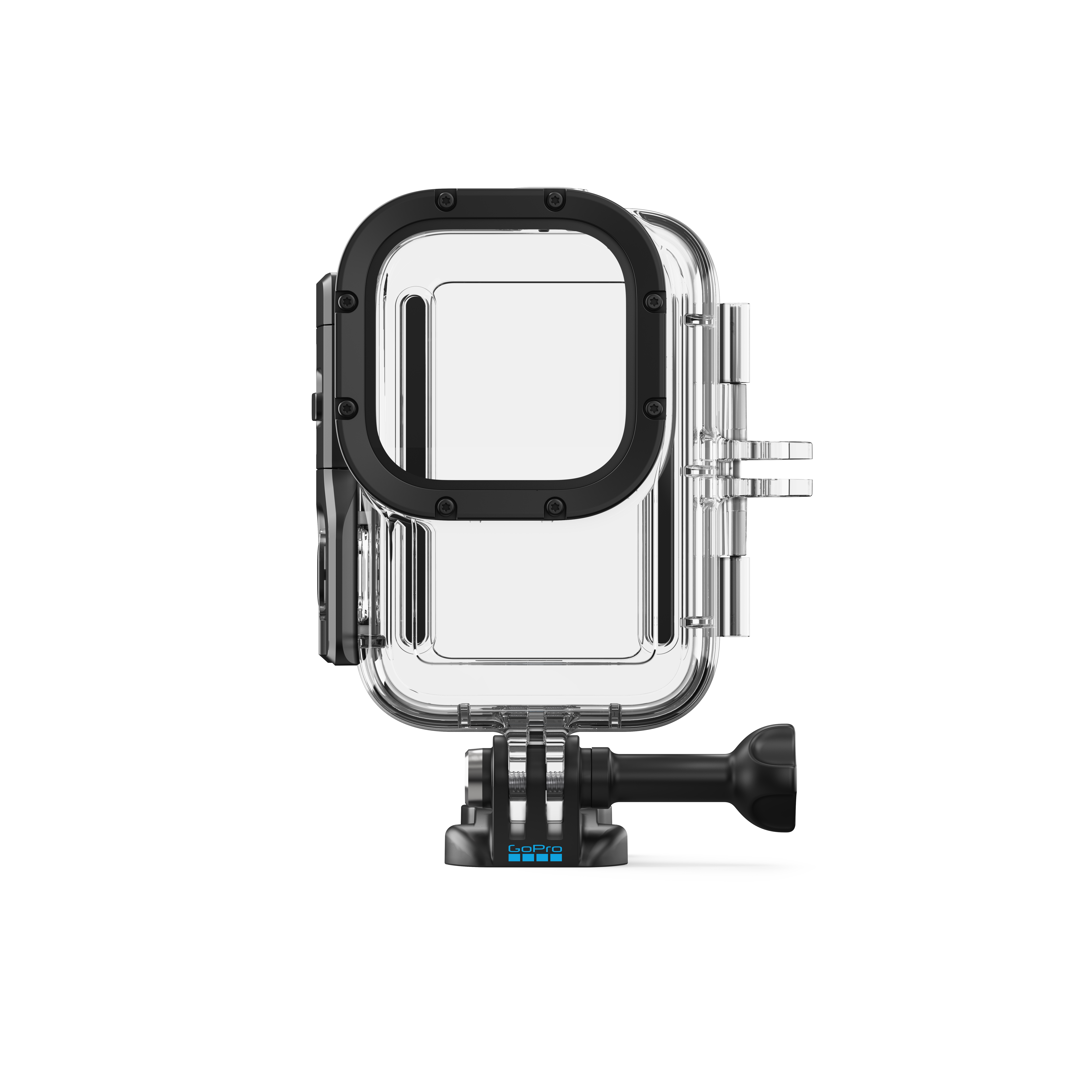 Eine transparente GoPro-Schutzhülle mit schwarzem Rahmen und Befestigung.