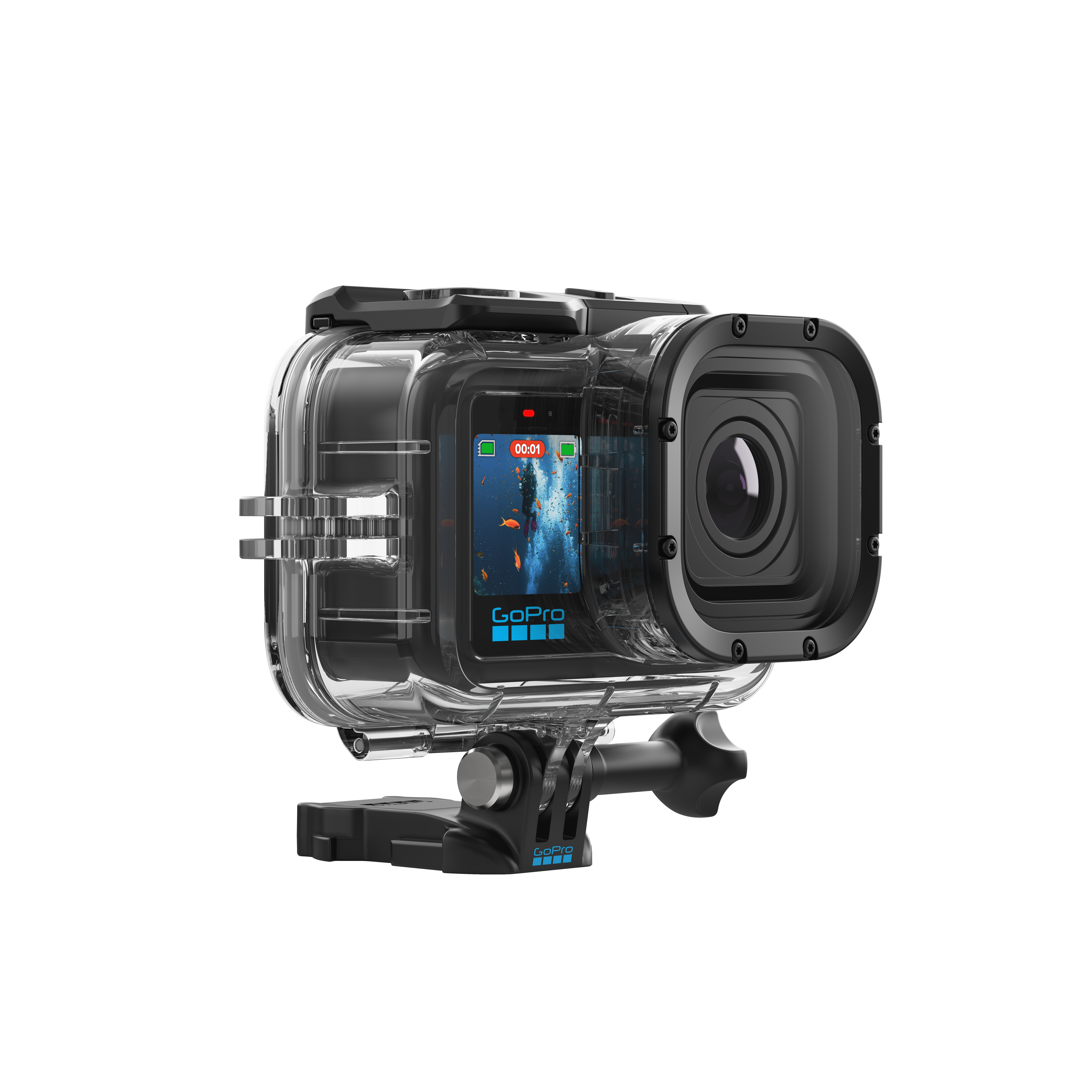 Wasserdichte GoPro-Kamera mit Unterwasseraufnahme auf dem Bildschirm.