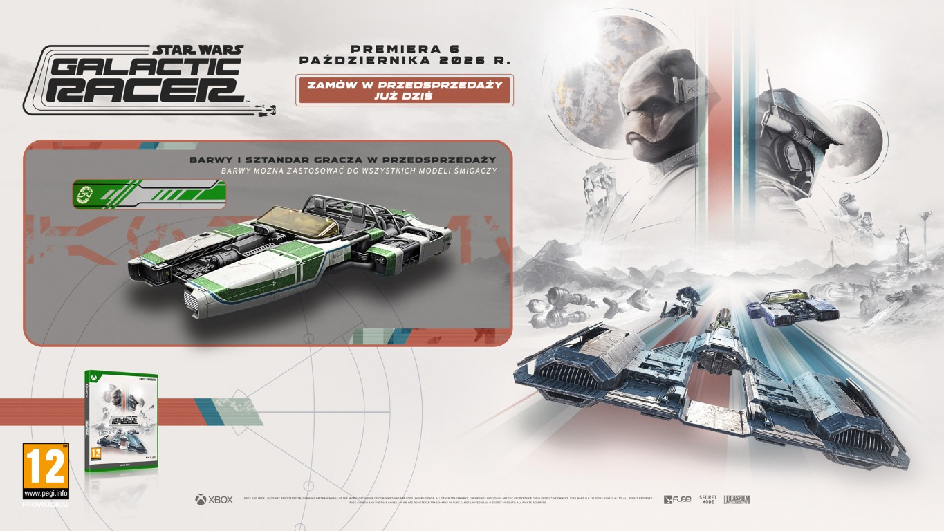 Grafika promocyjna Star Wars: Galactic Racer z podracerami, postaciami i pudełkiem.