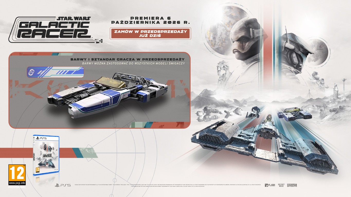 Star Wars Galactic Racer: Reklama gry wyścigowej z Podracerami i postaciami.