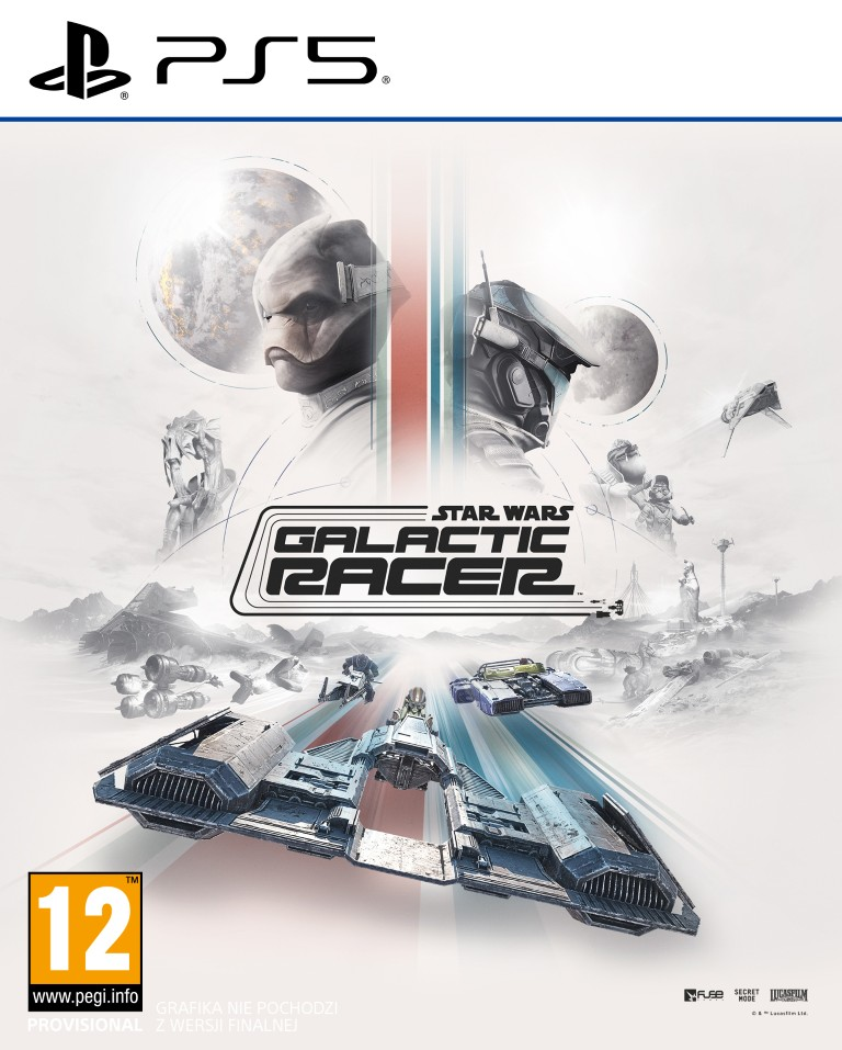 Okładka gry PS5: Star Wars Galactic Racer z pojazdami kosmicznymi i postaciami.