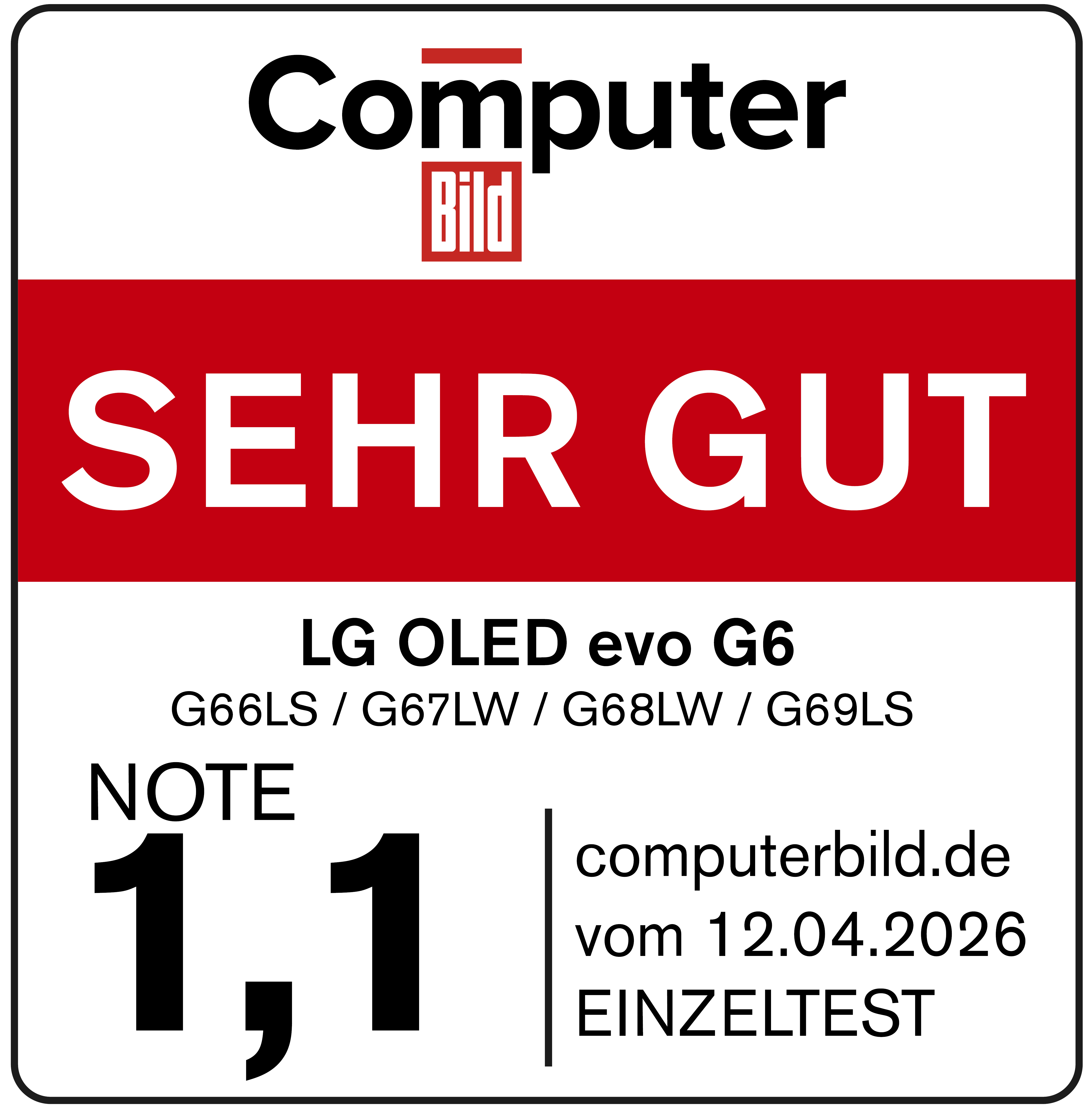 Computer Bild Award: SEHR GUT für LG OLED evo G6, Note 1,1