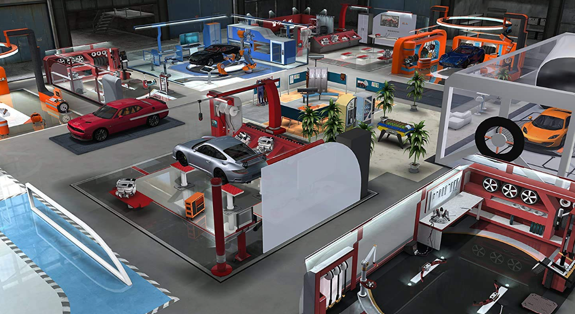Eine belebte Autowerkstatt mit mehreren Autos, Hebebühnen und Werkzeugen.