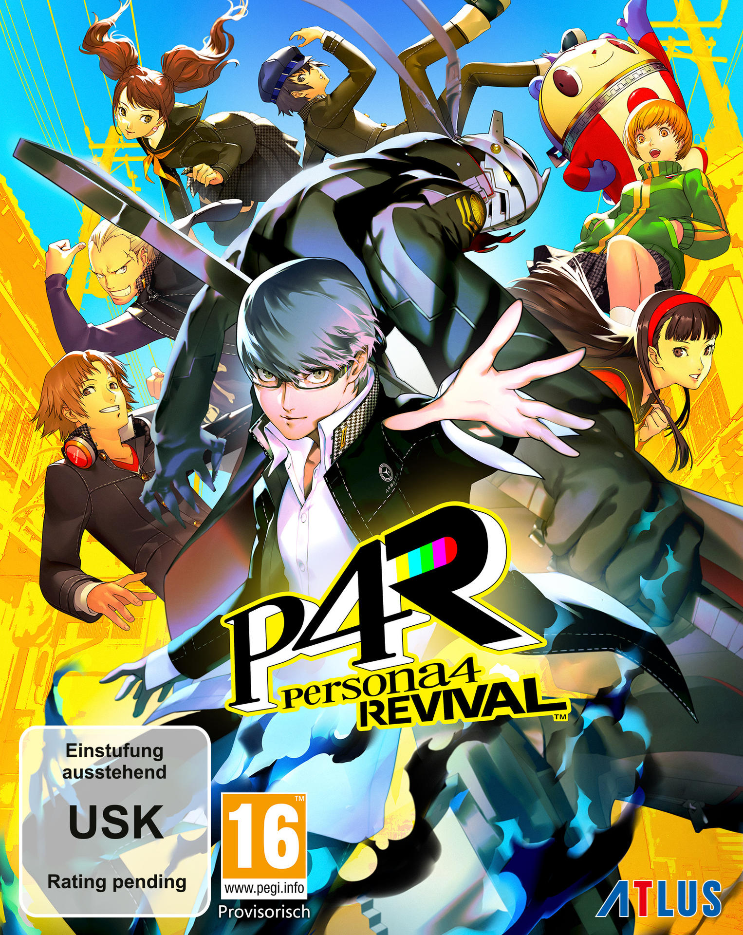 Anime-Charaktere posieren vor einem gelben Hintergrund mit dem P4-Logo.