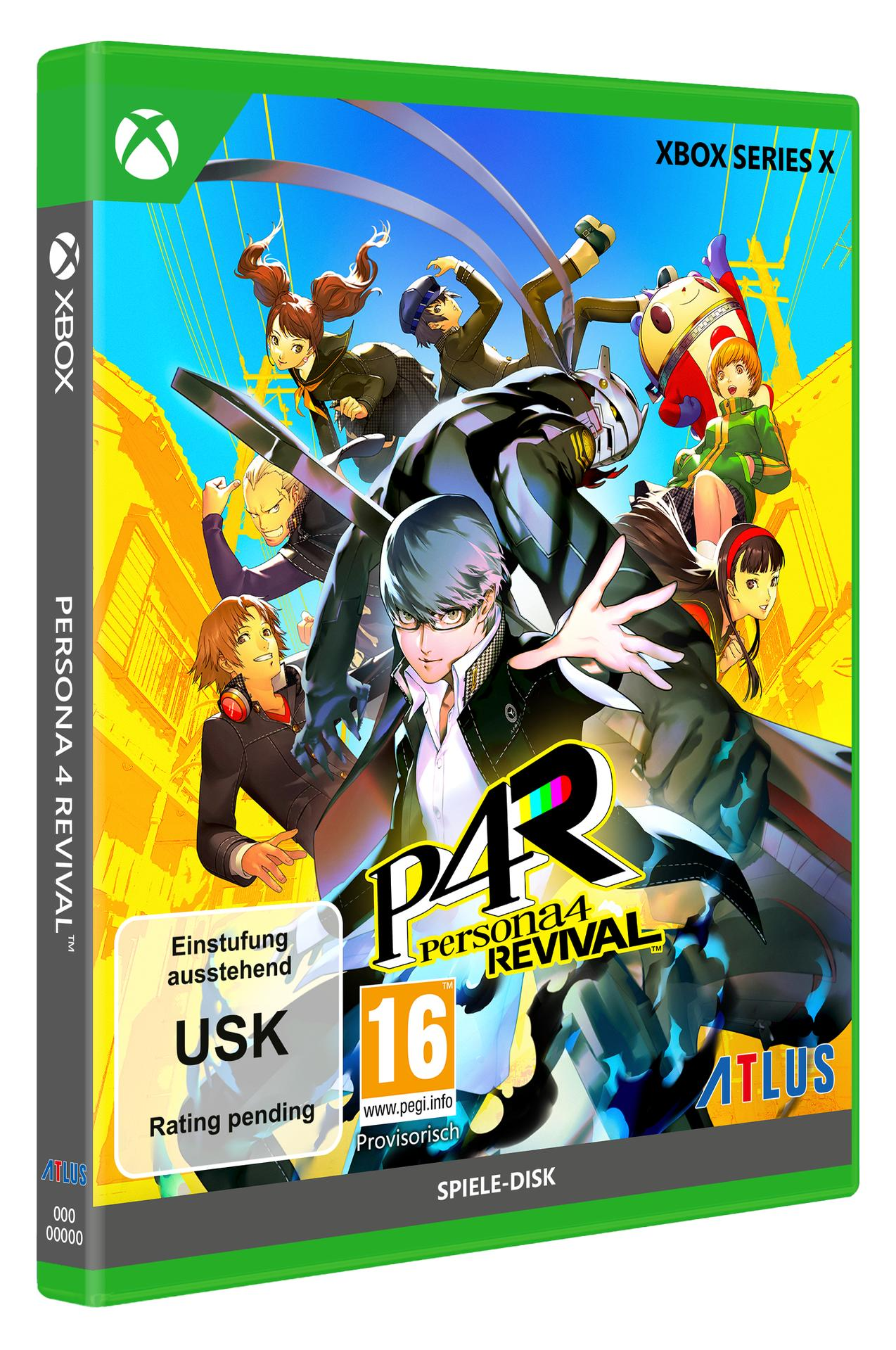 Xbox-Spielhülle mit Anime-Charakteren, "Persona 4 Revival"-Logo und Altersfreigabe 16.