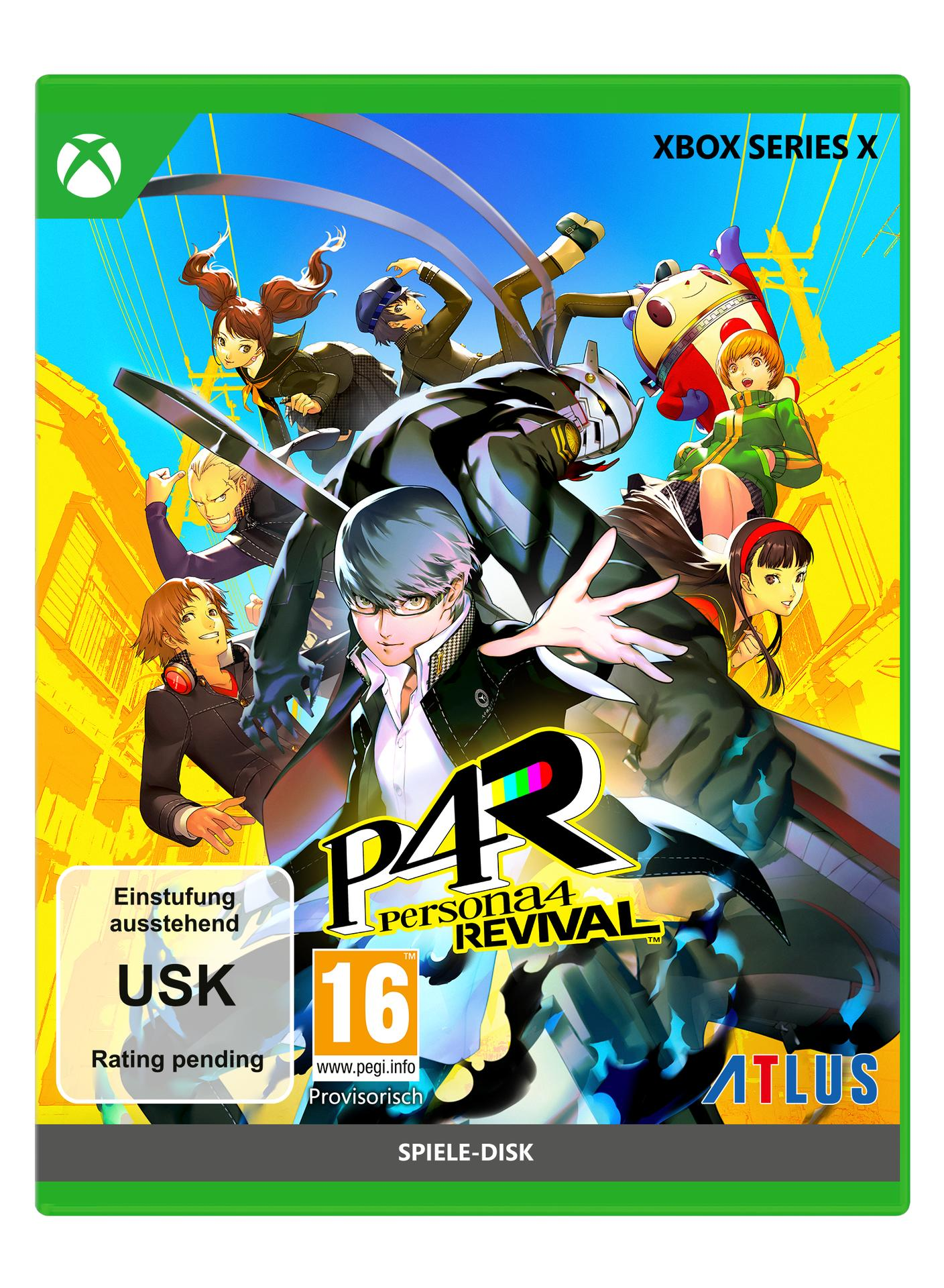Persona 4 Revival Xbox Series X Cover mit Charakteren und USK 16 Freigabe.