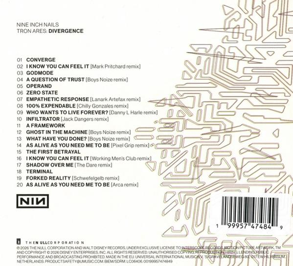 CD-Rückseite mit Songliste von Nine Inch Nails, Titel: Tron Ares: Divergence.