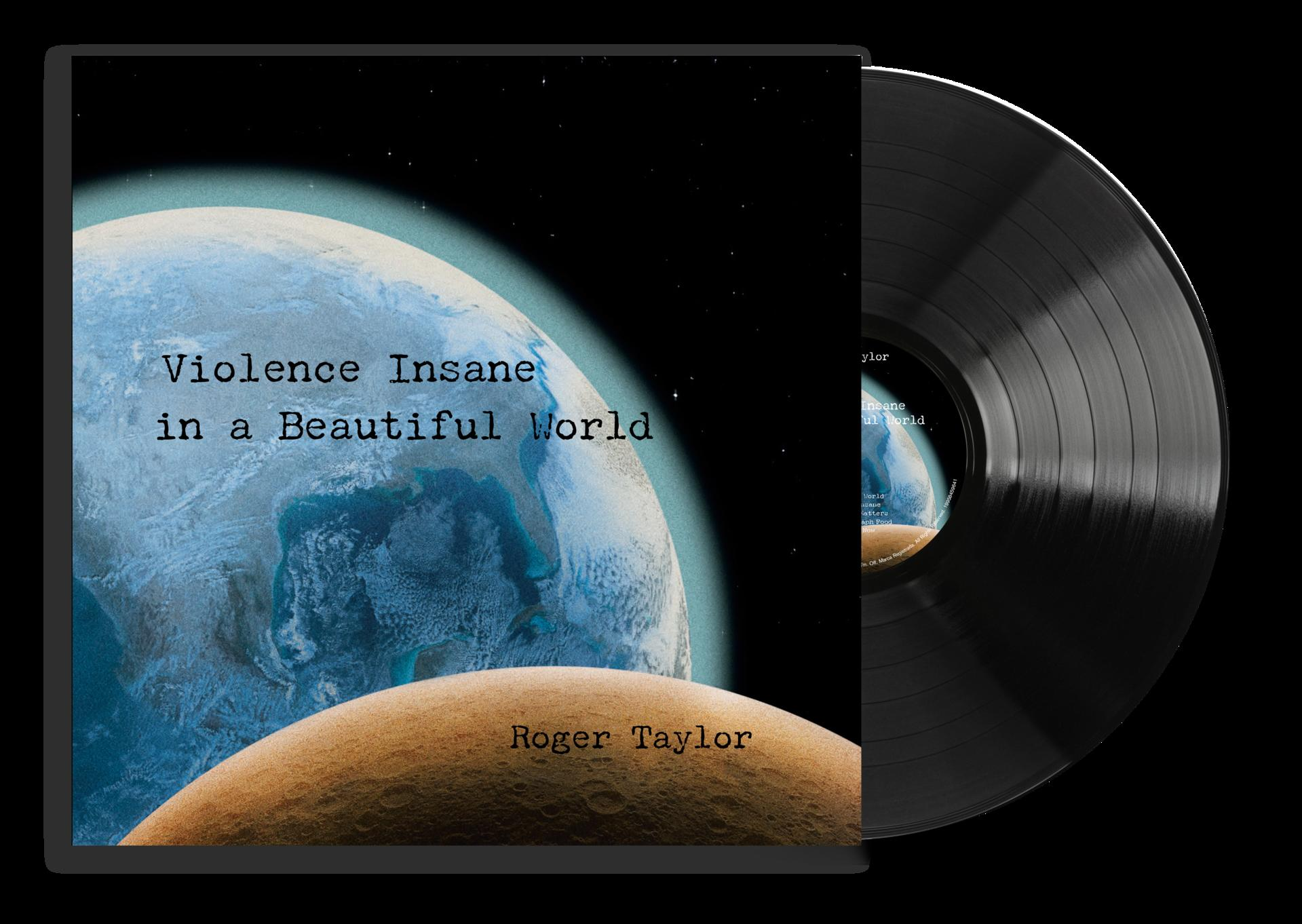 Eine Schallplatte mit Albumcover: Erde und Mond im All. Titel: Violence Insane in a Beautiful World.