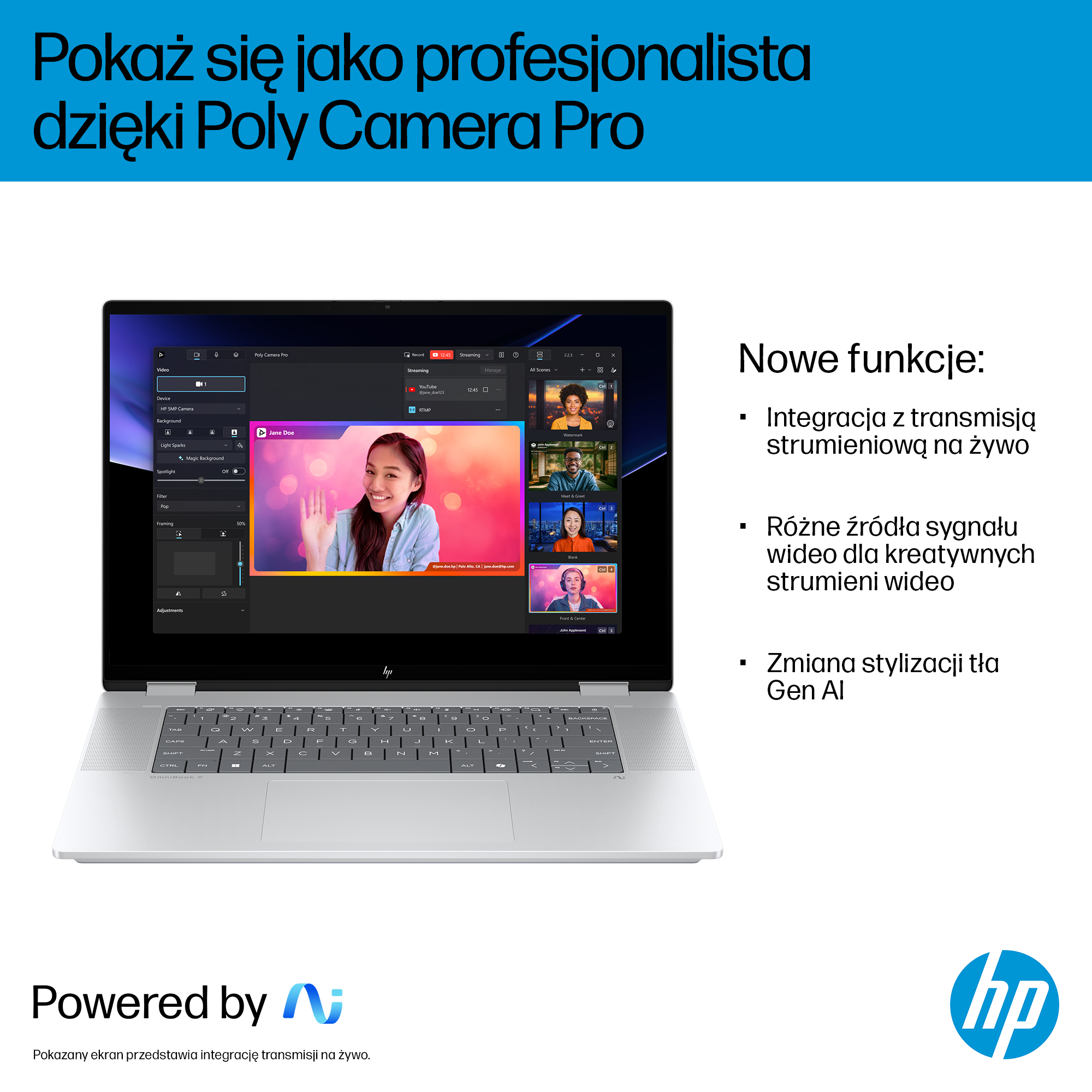 Laptop wyświetla oprogramowanie Poly Camera Pro z różnymi kanałami wideo i ustawieniami.
