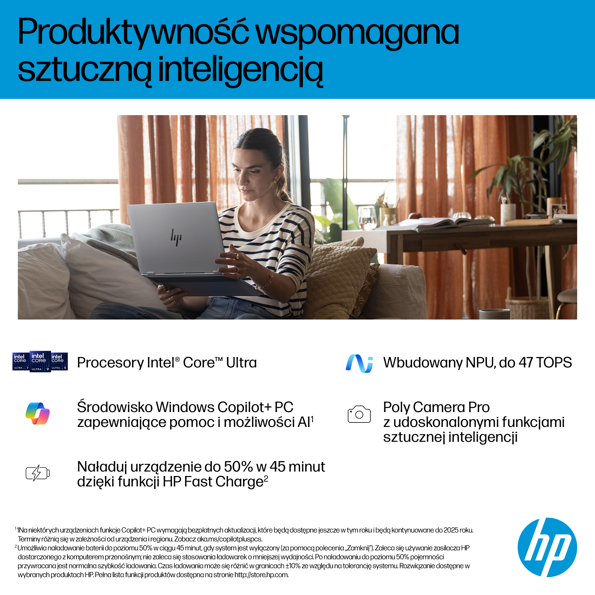 Kobieta używa laptopa HP z procesorami Intel Core Ultra i Windows Copilot+.
