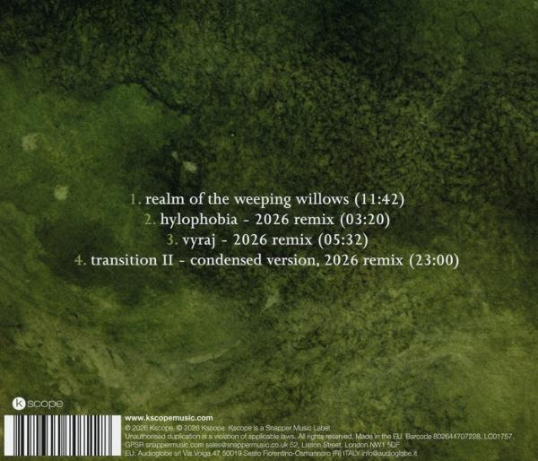 Grüner Hintergrund mit Songliste: realm of the weeping willows, hylophobia, vyraj, transition II.