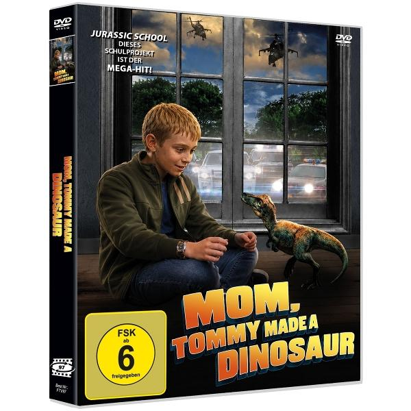 DVD-Cover: Junge sitzt mit kleinem Dinosaurier vor einem Fenster mit Helikoptern.