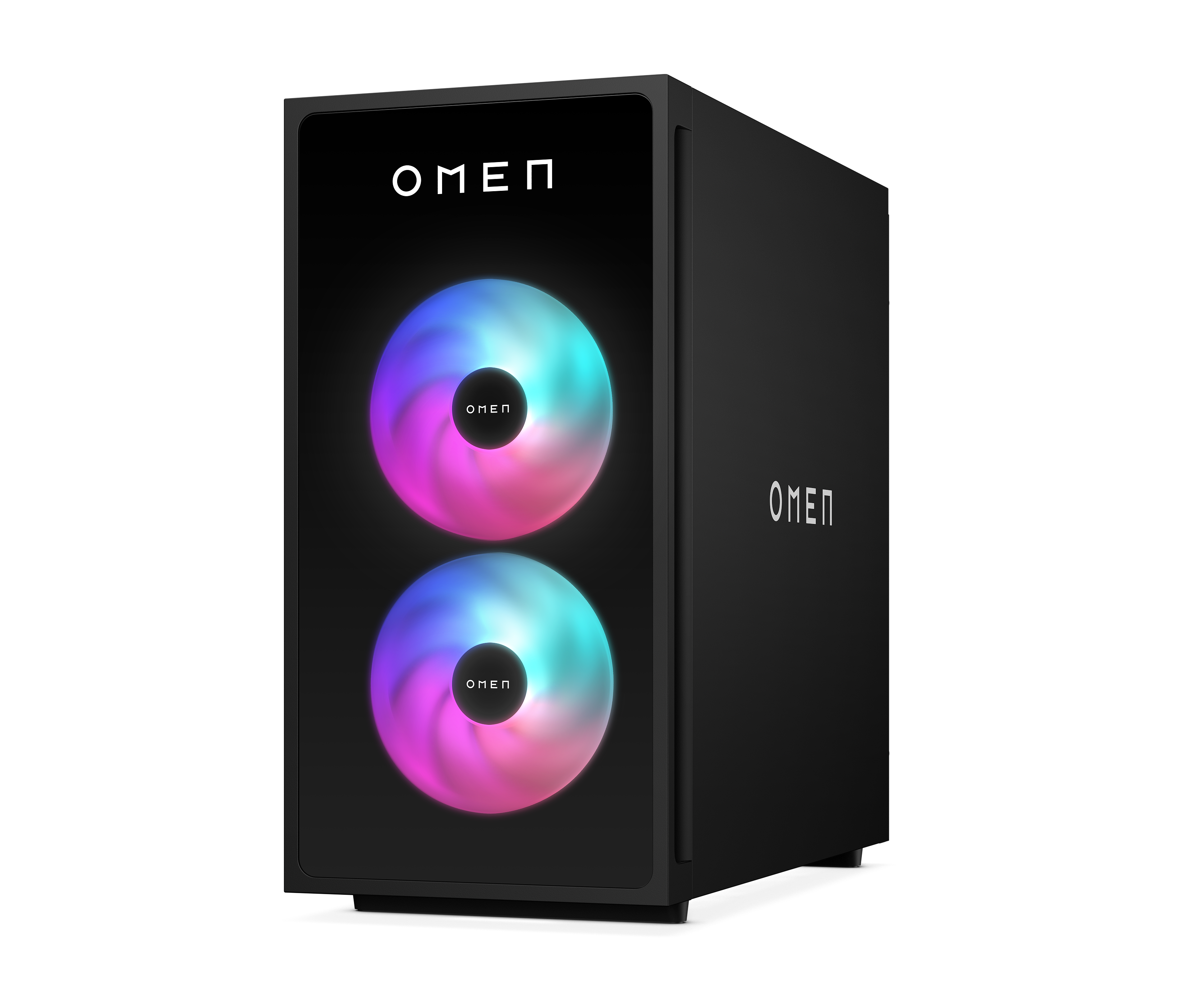 Schwarzer OMEN PC mit zwei RGB-Lüftern auf der Vorderseite und OMEN-Logo.